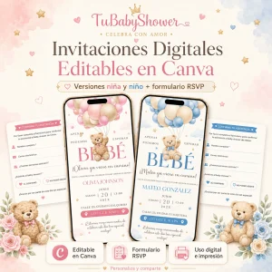 Invitaciones digitales editables en Canva para Baby Shower con versiones niña, niño y formulario RSVP