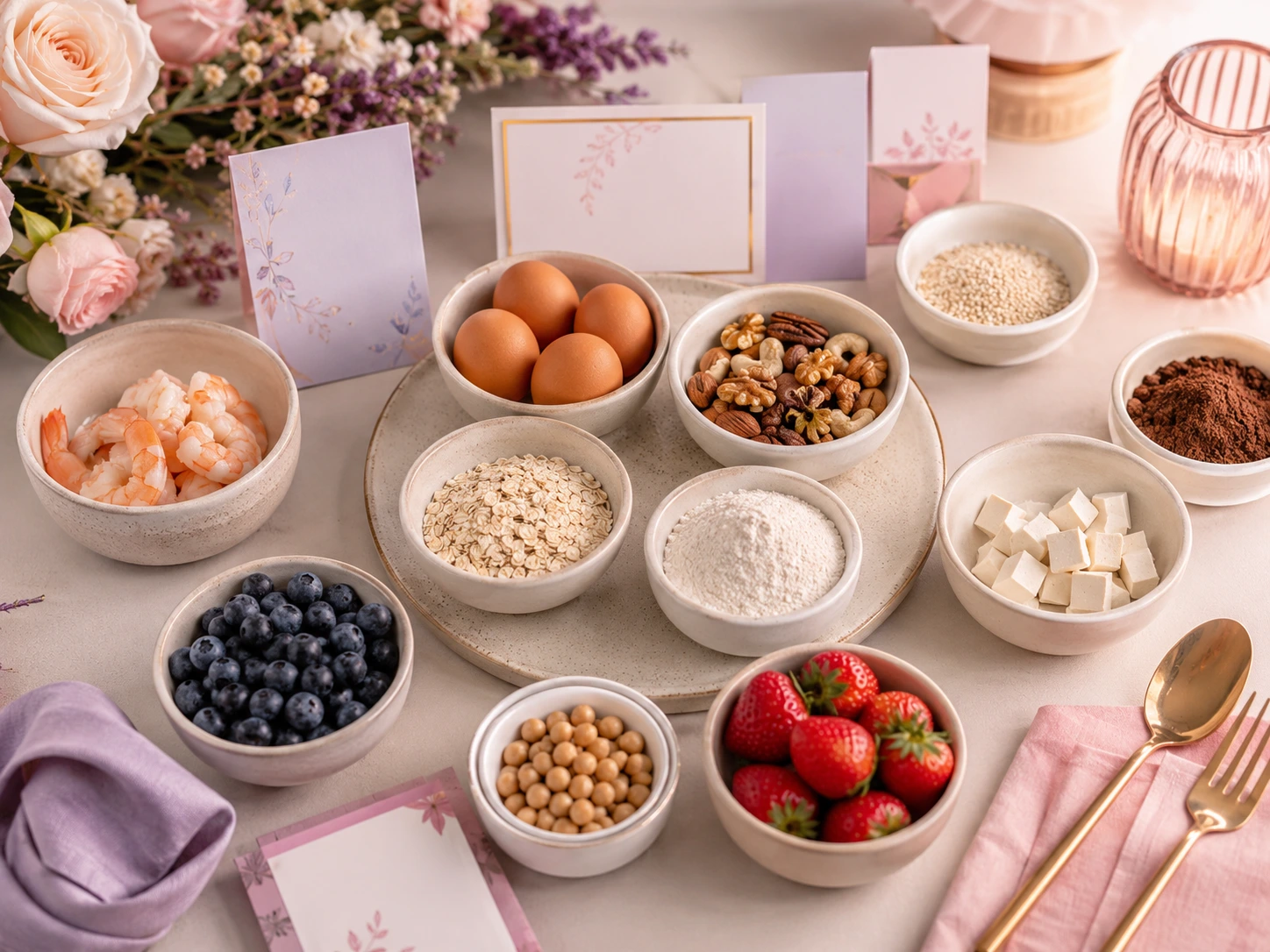 Ingredientes y utensilios separados para revisar alergias y restricciones de un menú de baby shower