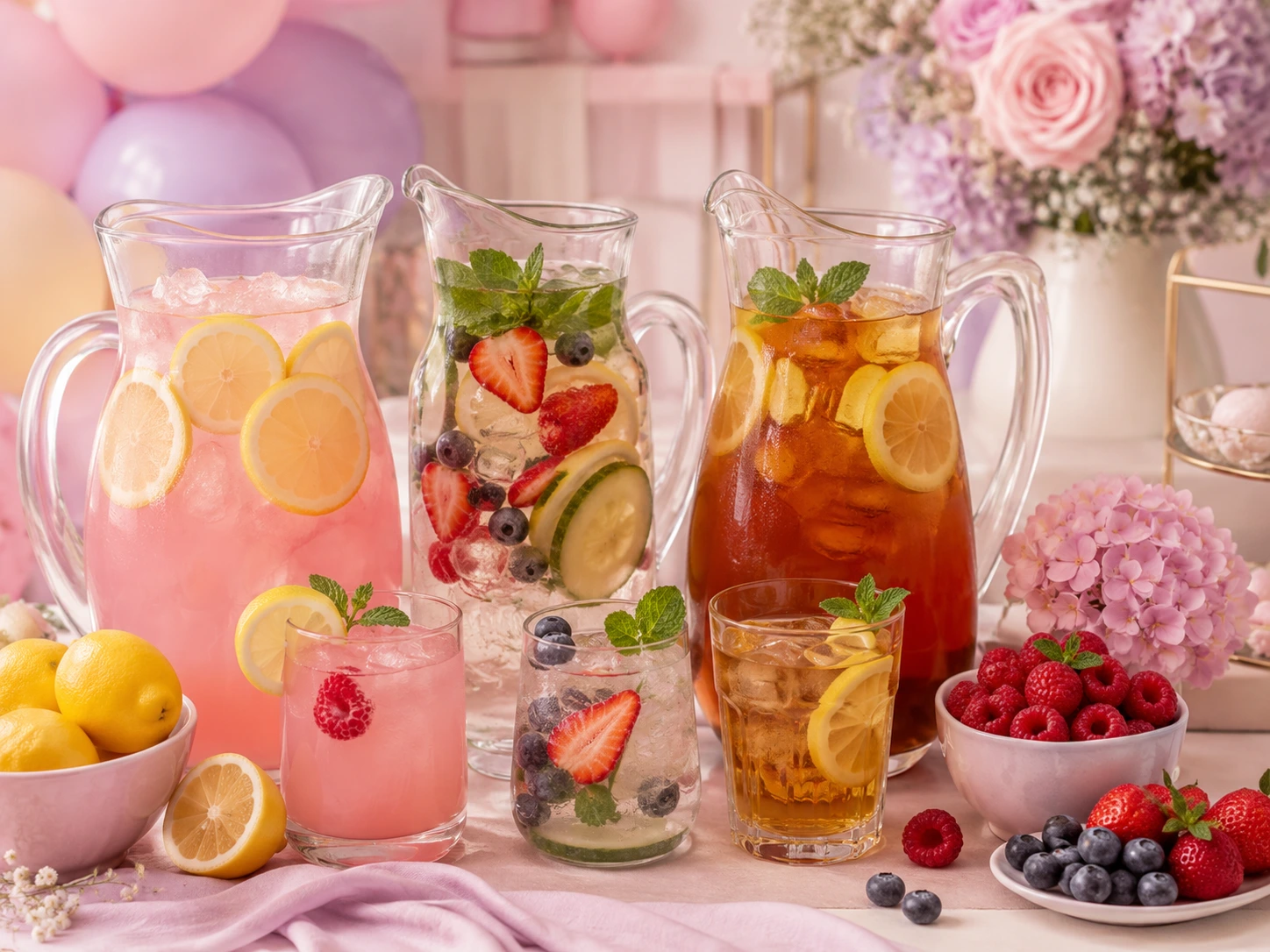 Bebidas sin alcohol para baby shower con limonadas, agua infusionada, té frío y frutas