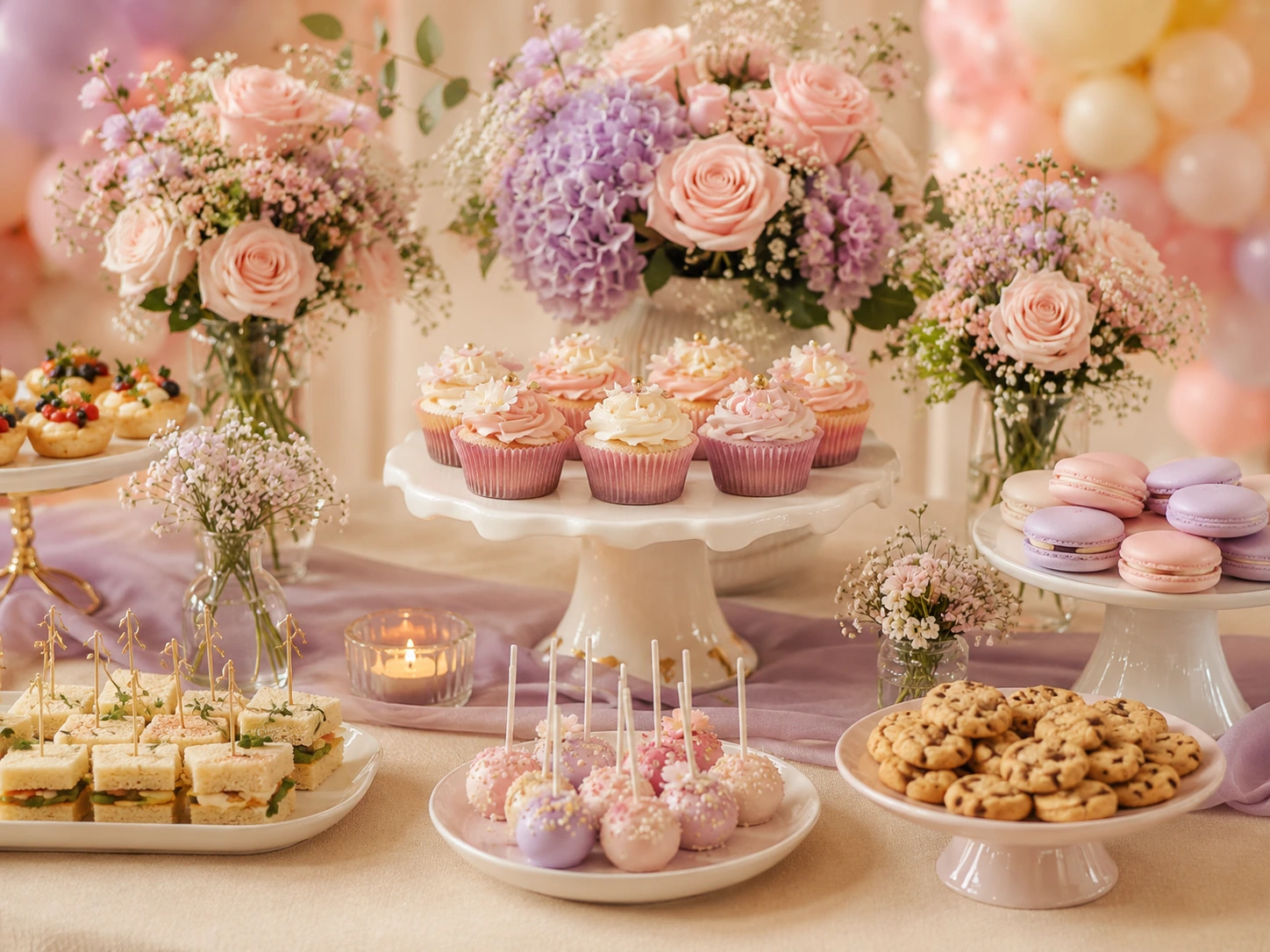 Mesa dulce de baby shower coordinada con flores y detalles en tonos pastel