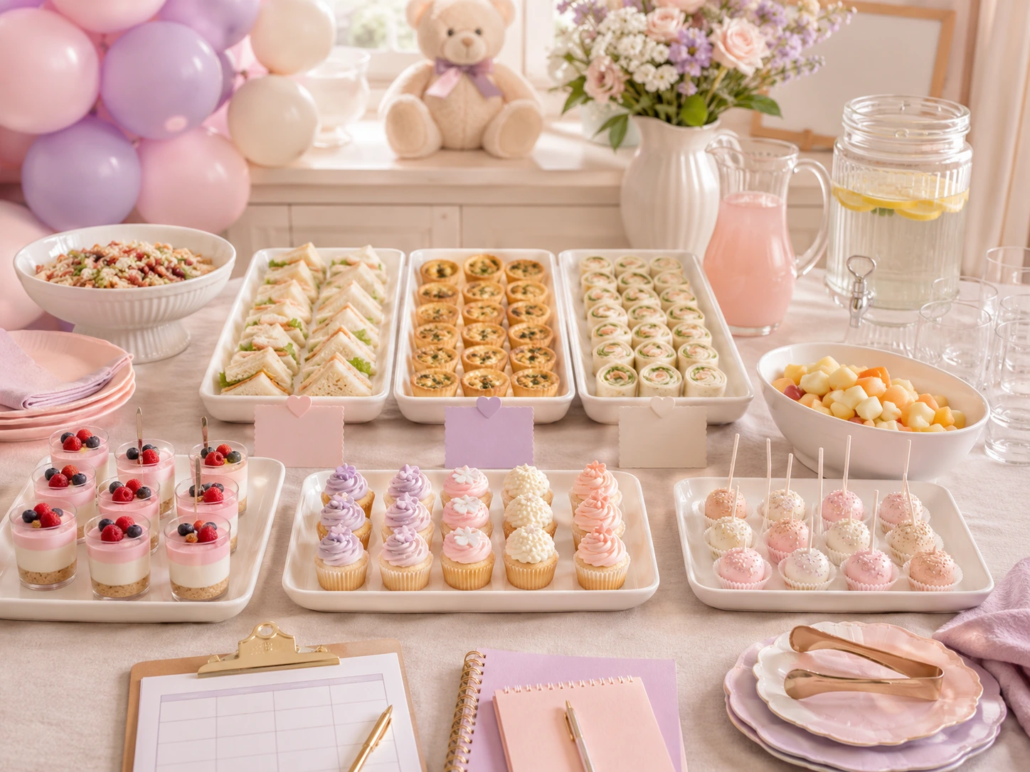 Bandejas, bocados y recipientes organizados para revisar el rendimiento de un menú baby shower