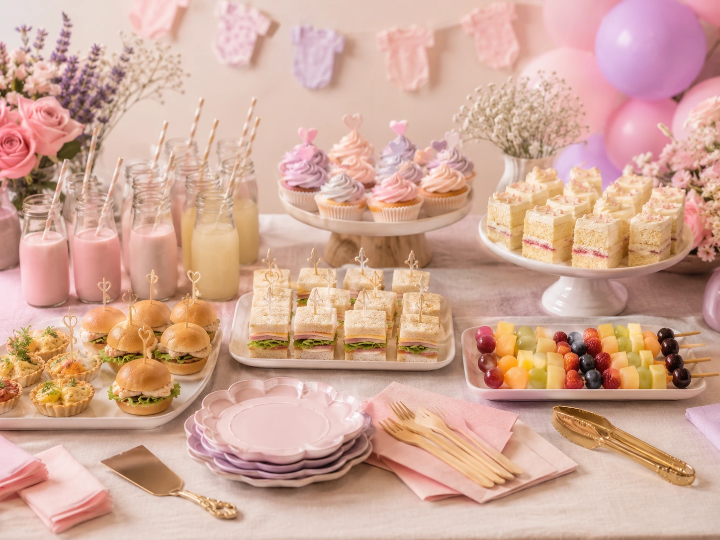 Bocados, bebidas y postres organizados para calcular un menú de baby shower