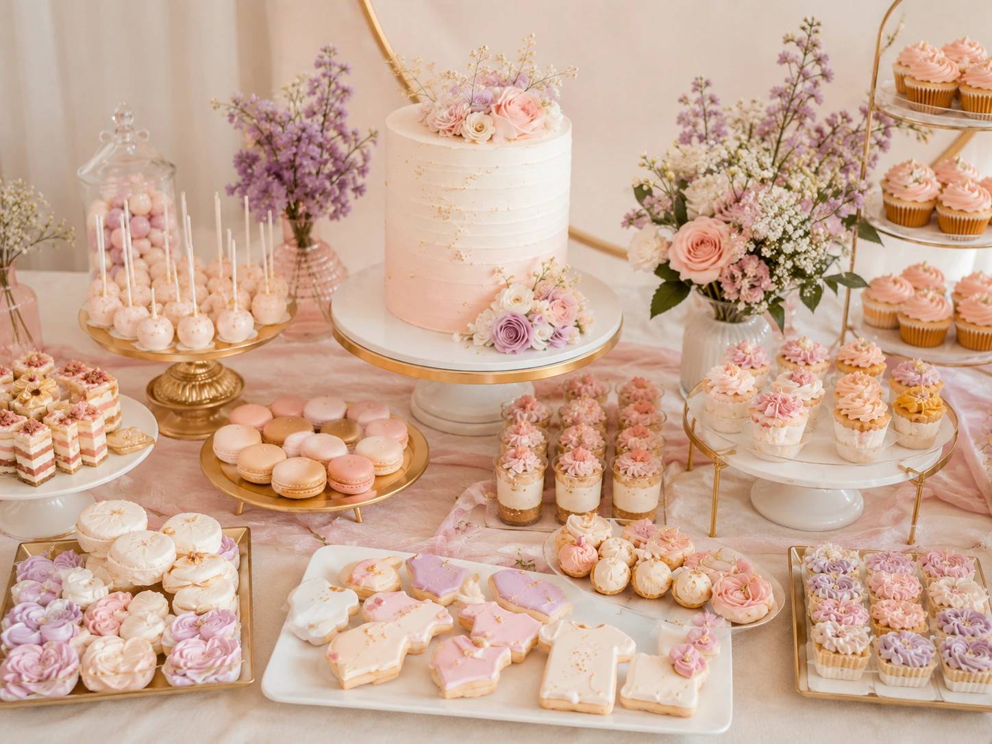 Mesa dulce para baby shower con pastel central, cupcakes, galletas y dulces en tonos pastel