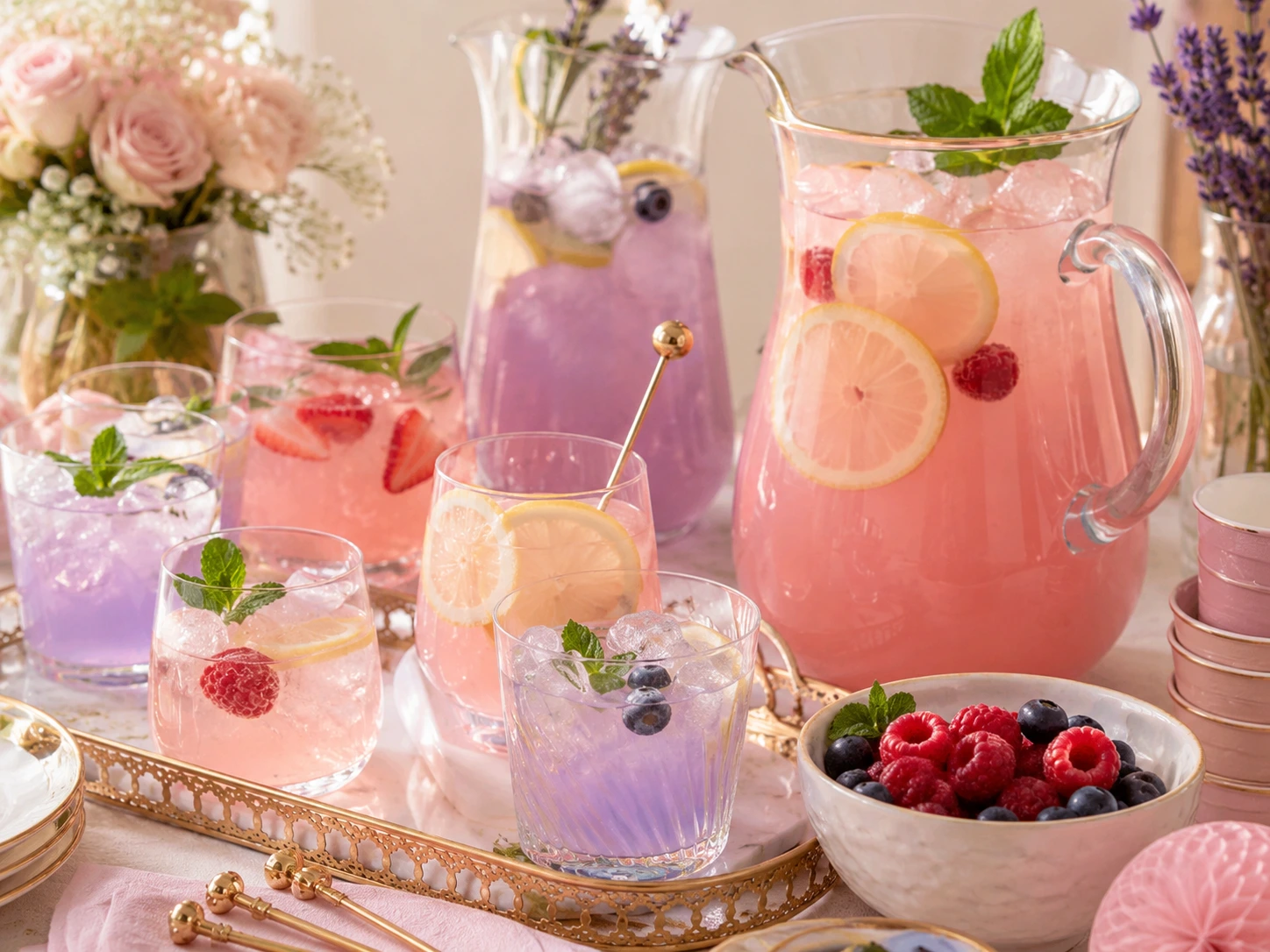 Detalle de vasos, frutas, hielo y bebidas sin alcohol para baby shower