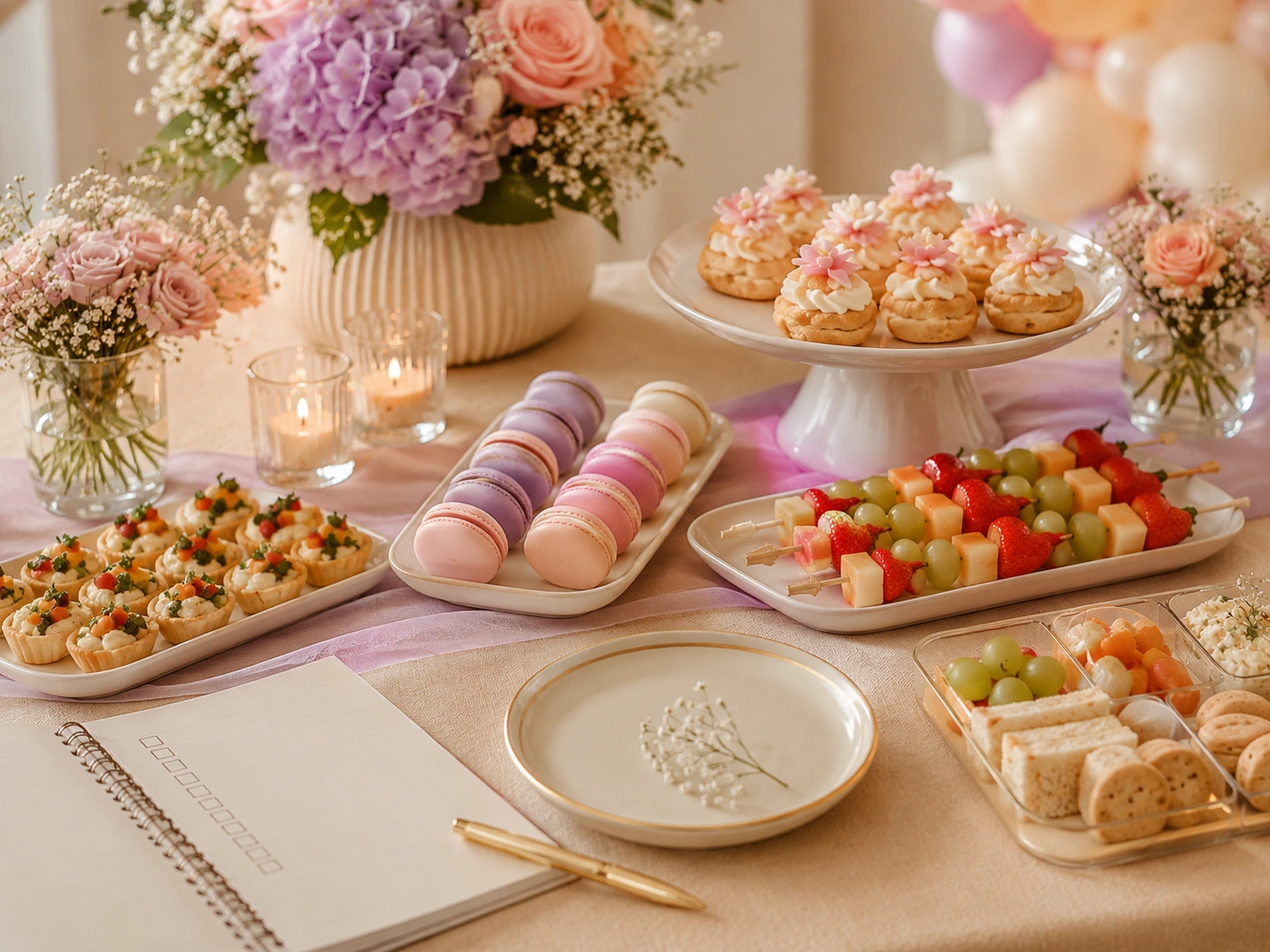 Detalle de bocados y postres organizados para calcular porciones de un baby shower