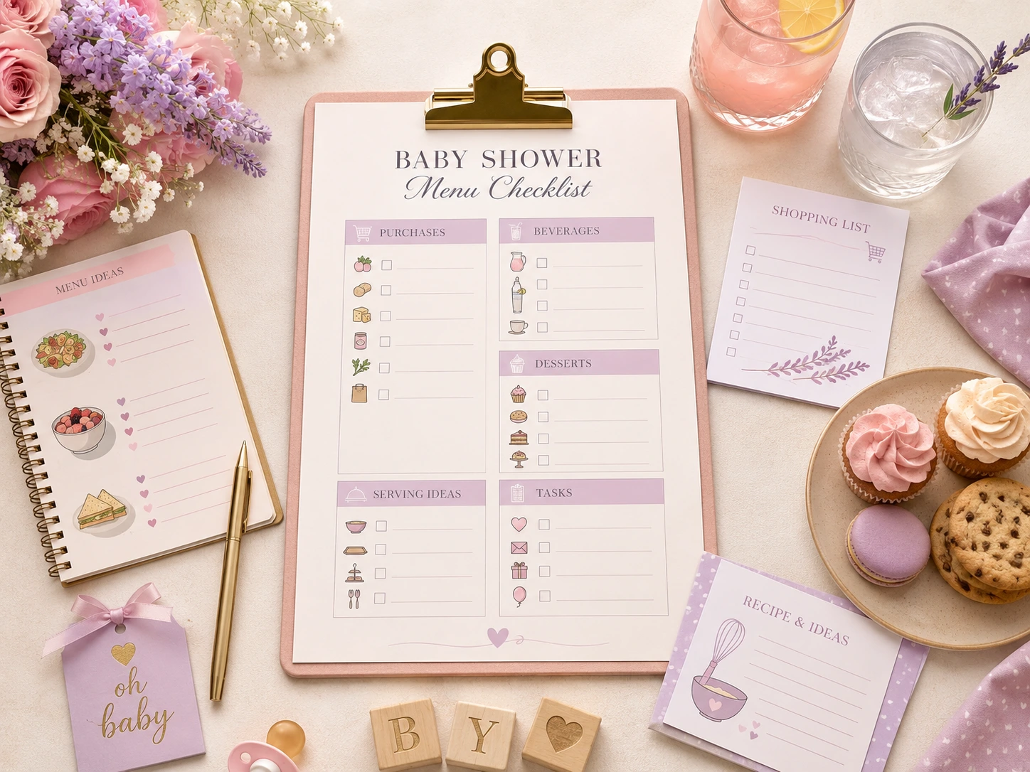 Checklist de menú baby shower con compras, bebidas, postres y tareas