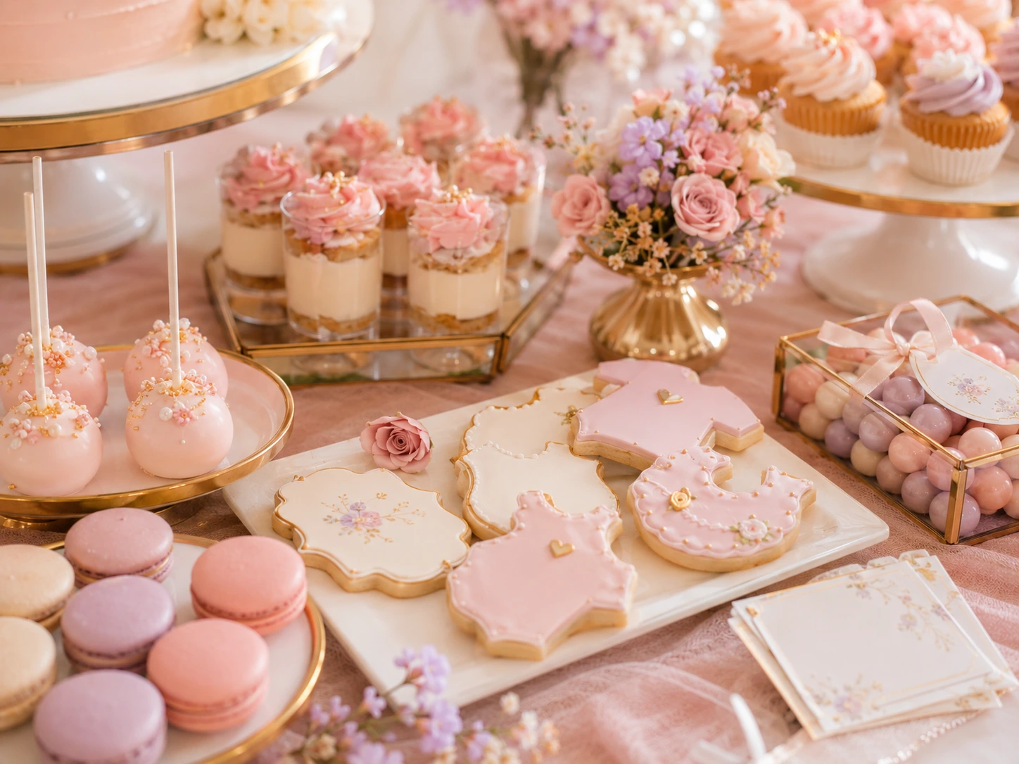 Detalle de postres individuales y etiquetas en una mesa dulce para baby shower