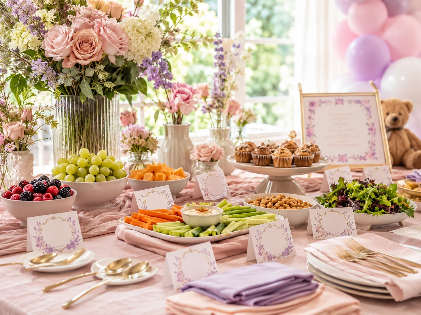 Mesa de baby shower con alimentos separados, tarjetas de ingredientes y utensilios identificados