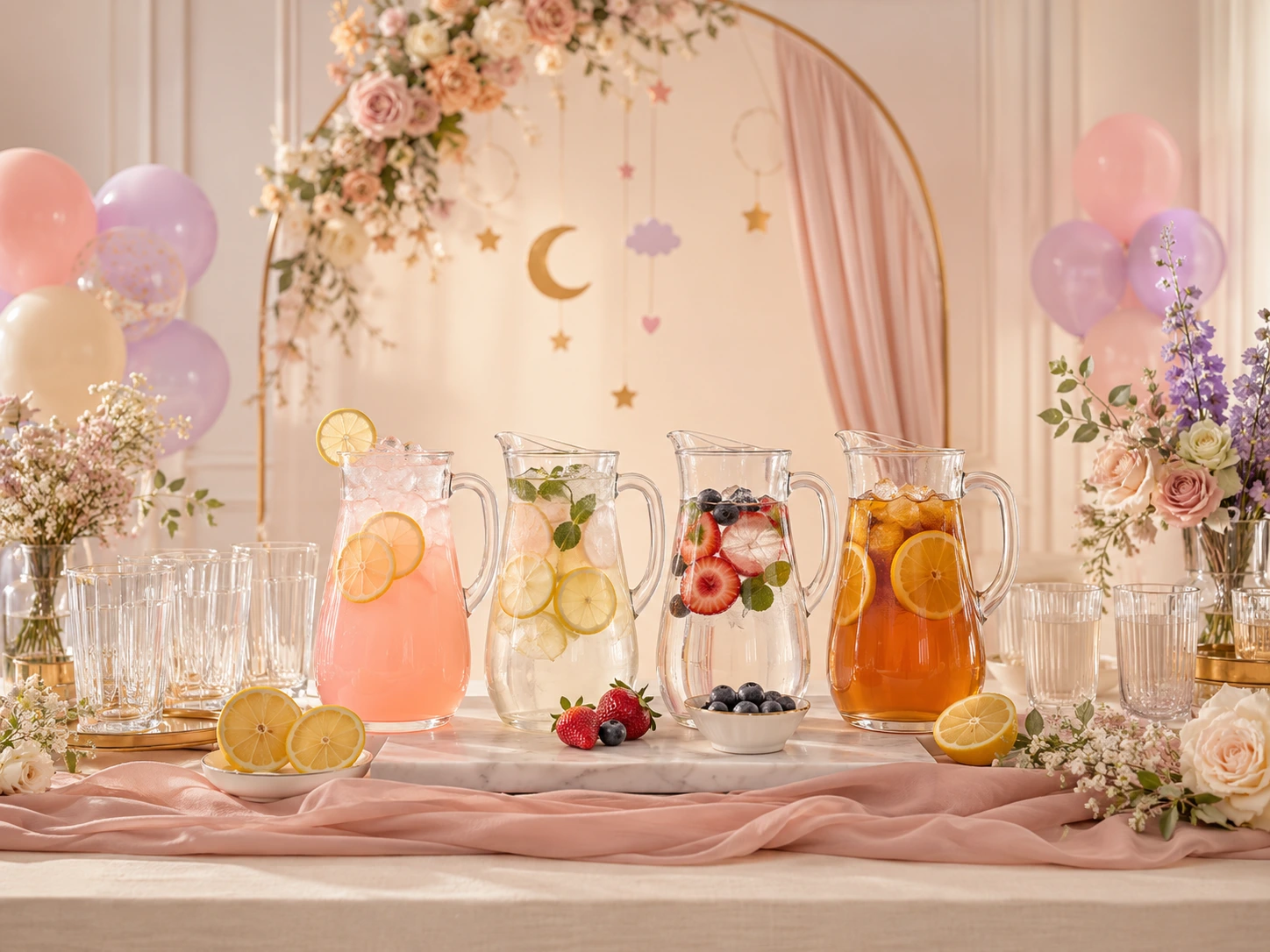 Estación de bebidas sin alcohol para baby shower con limonadas, agua, frutas y vasos en tonos pastel