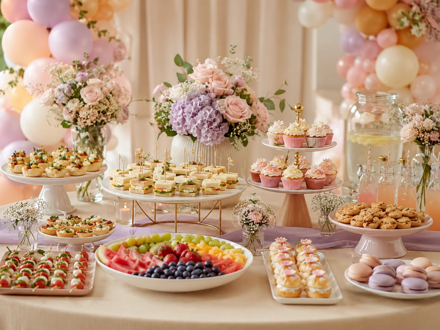 Mesa de comida para baby shower con bocados salados, postres y bebidas organizados por categorías