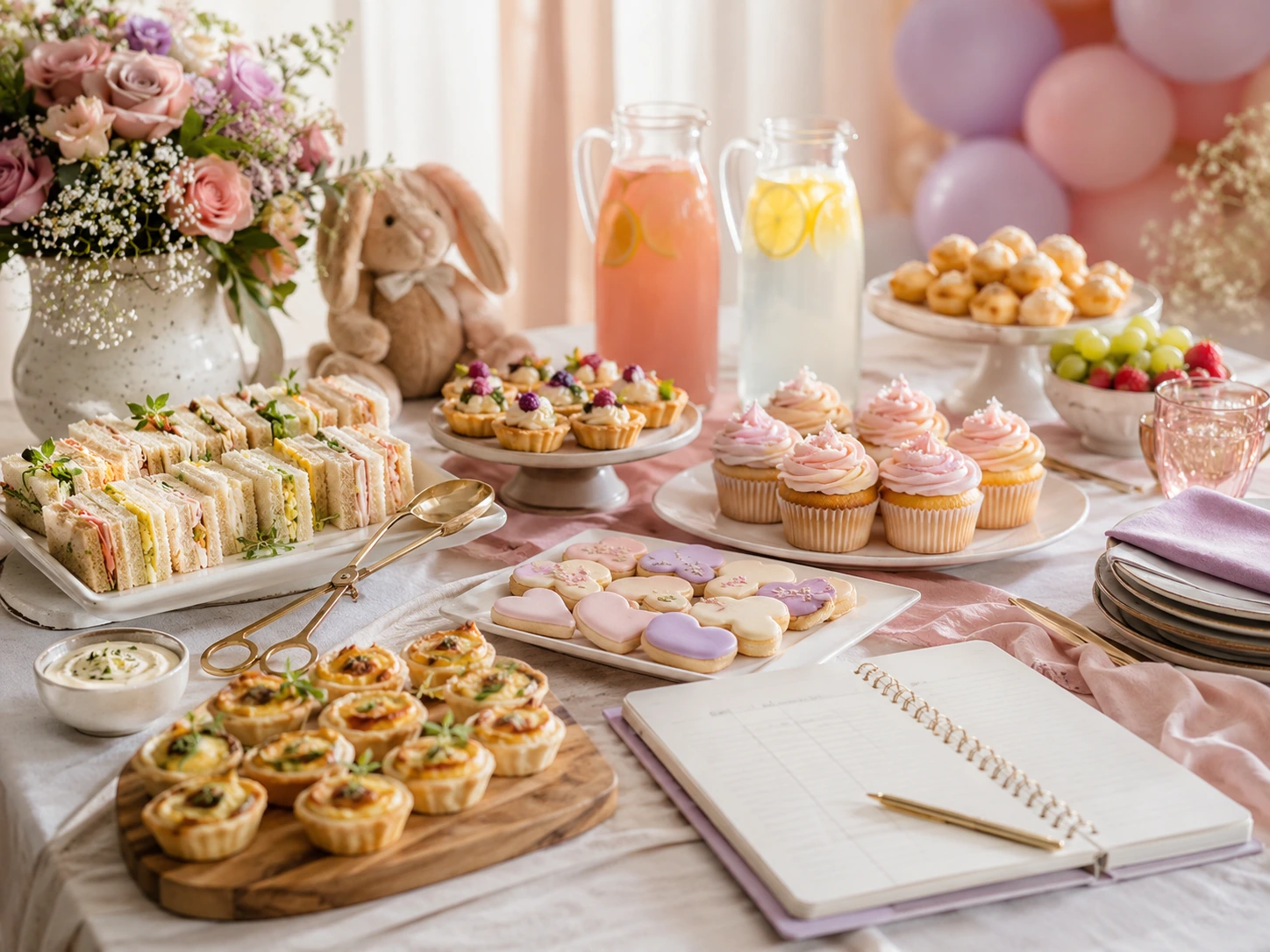 Bocados, postres y bebidas organizados en grupos para calcular porciones de un baby shower