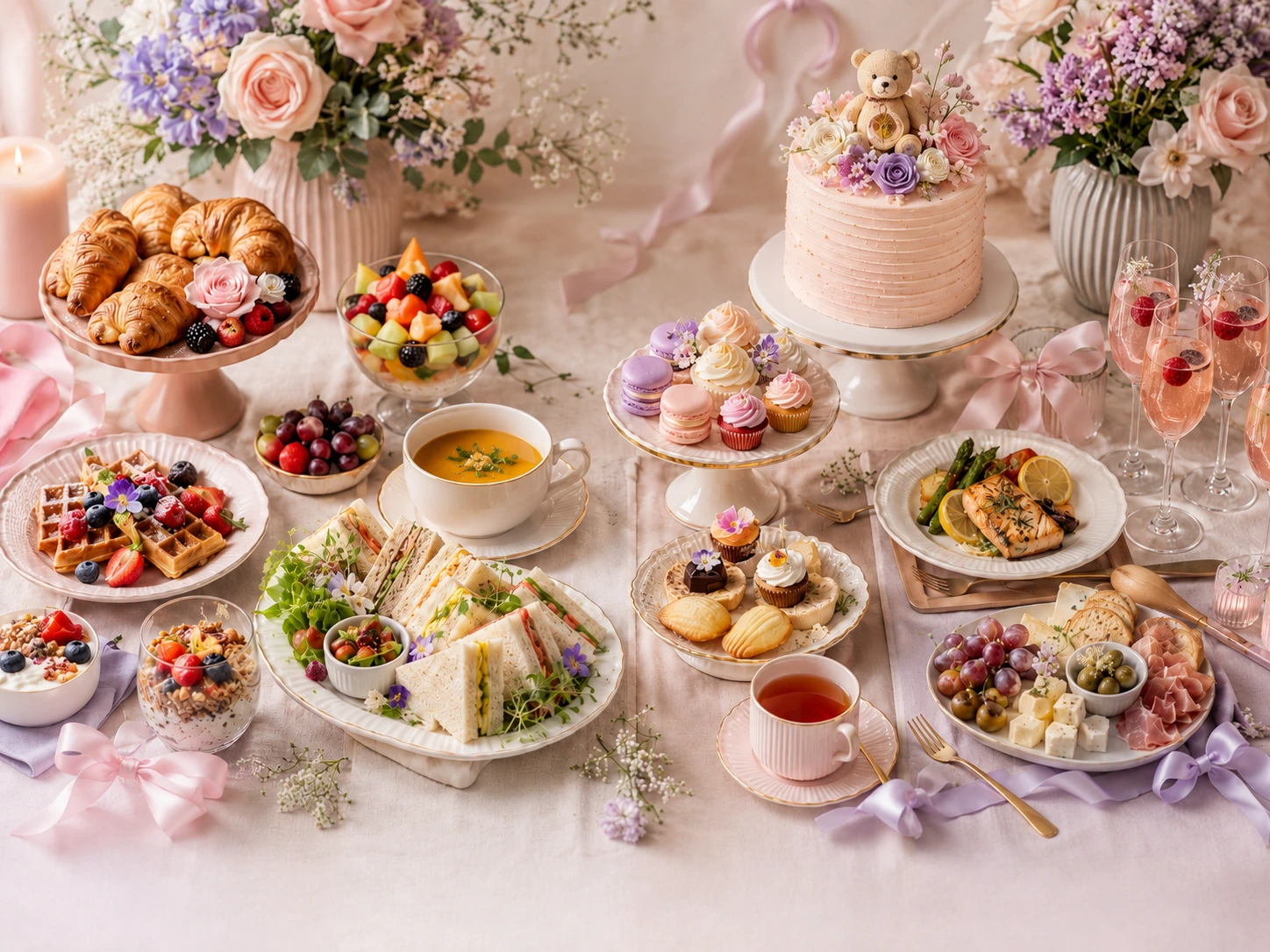 Mesa con opciones de menú para baby shower organizadas según el horario del evento