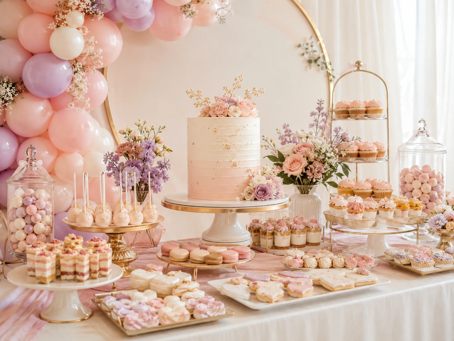 Mesa dulce para baby shower con pastel, postres individuales y decoración en tonos pastel