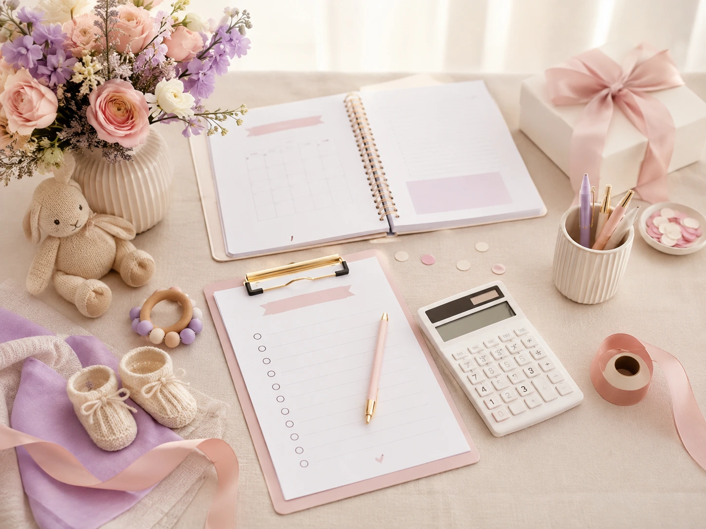 Mesa de planificación con checklist, agenda y recursos para organizar un baby shower