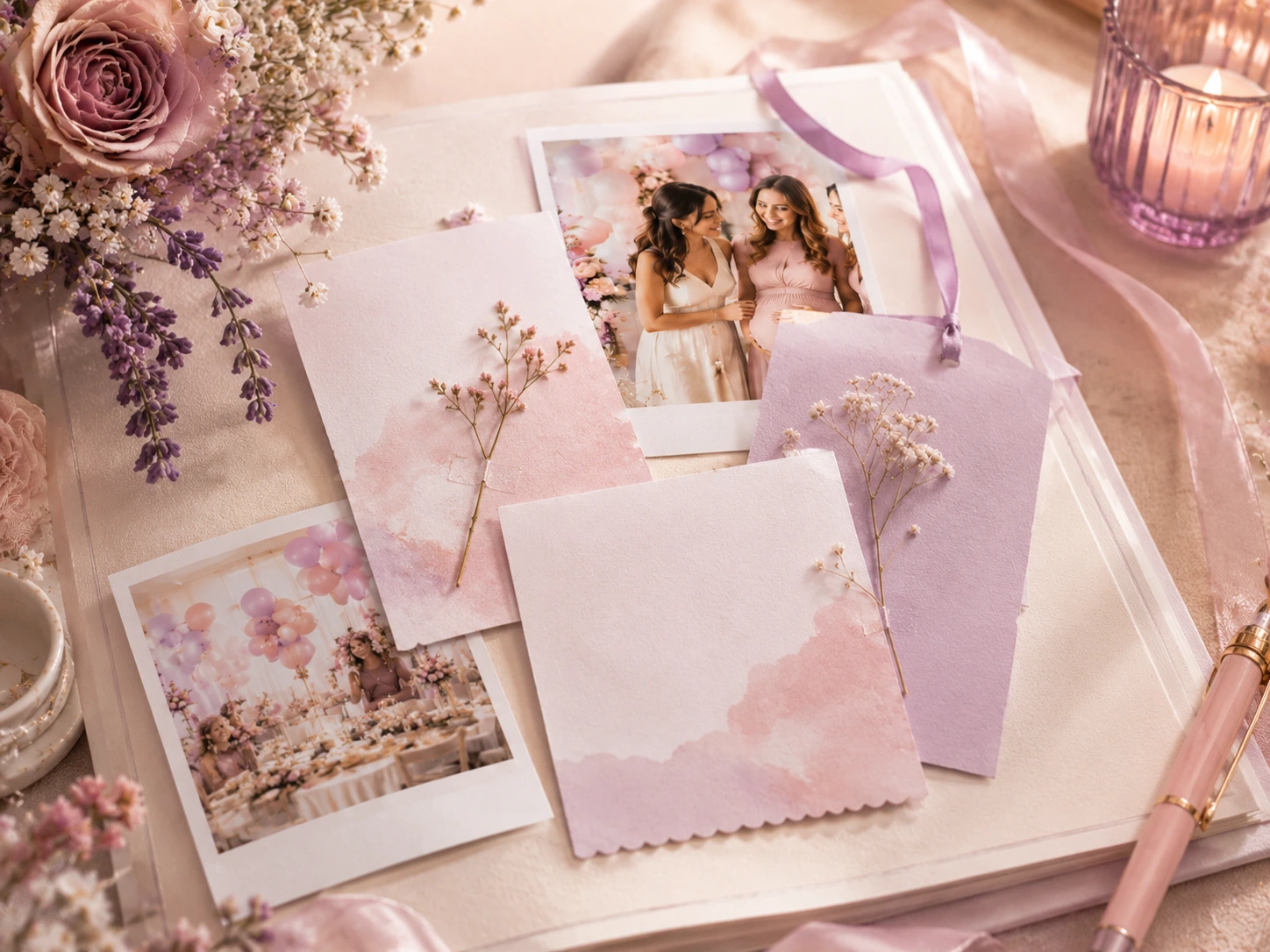 Tarjetas con mensajes, fotografías instantáneas y detalles de un libro de recuerdos para baby shower