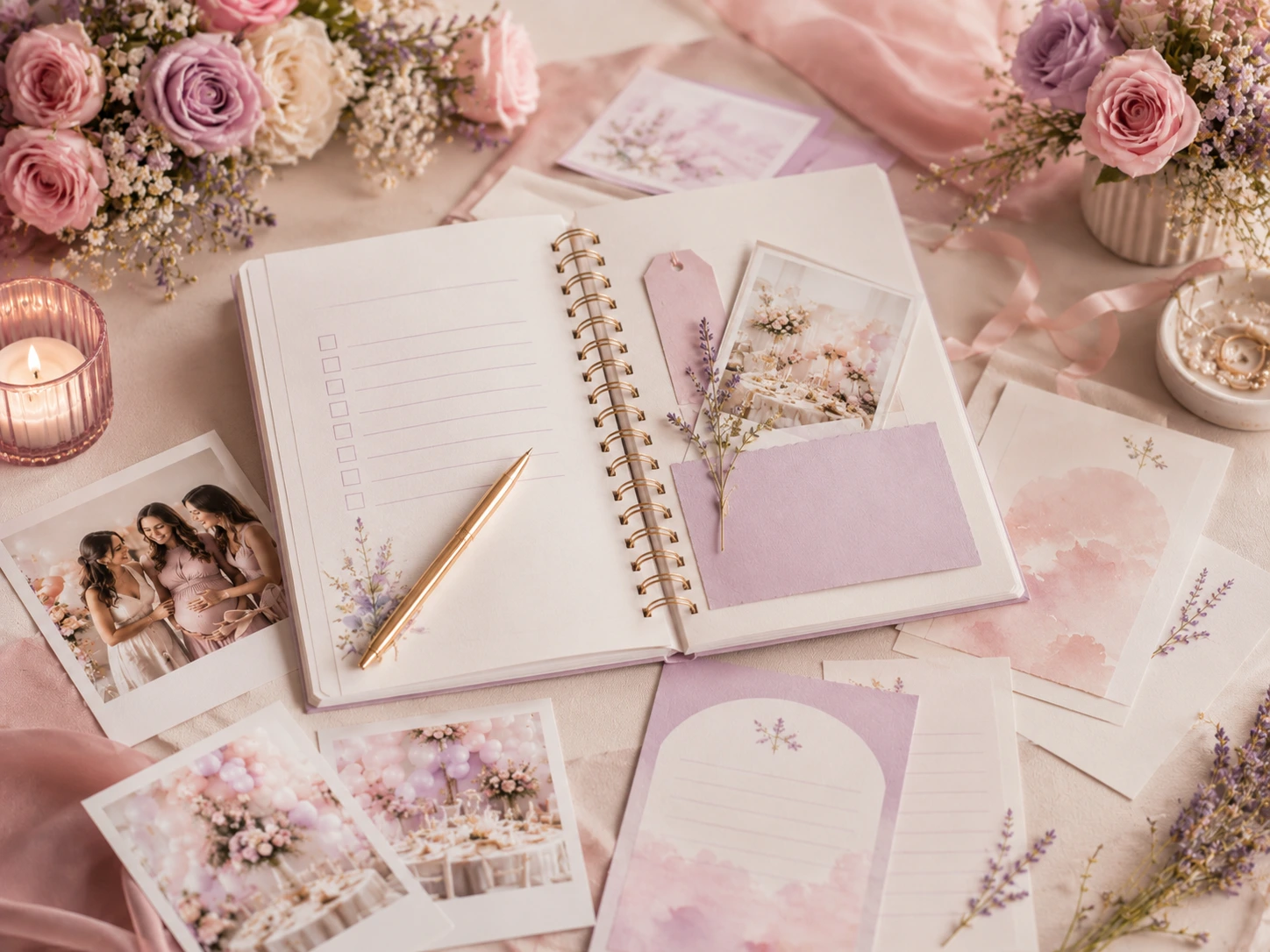 Planificación de recuerdos para baby shower con checklist, fotografías, notas y mensajes