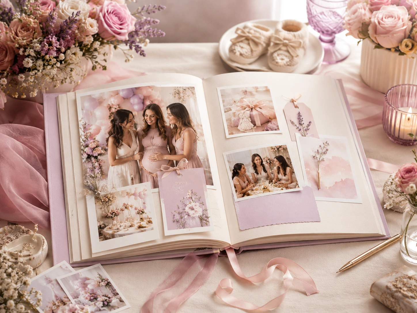 Libro de recuerdos de baby shower con fotografías, mensajes, flores y detalles en tonos rosa y lavanda