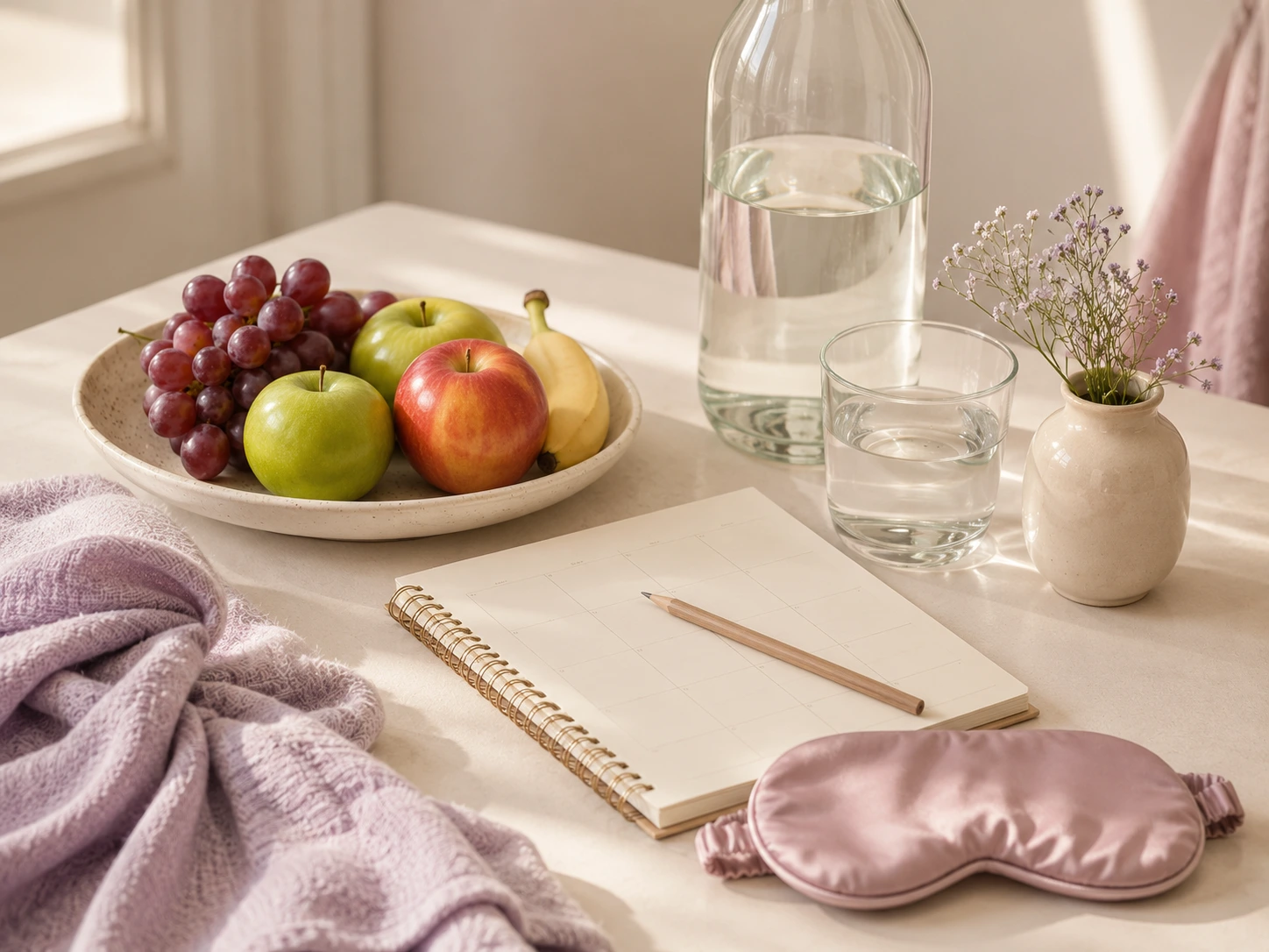 Agenda, botella de agua, fruta y antifaz de descanso en tonos rosa y lila