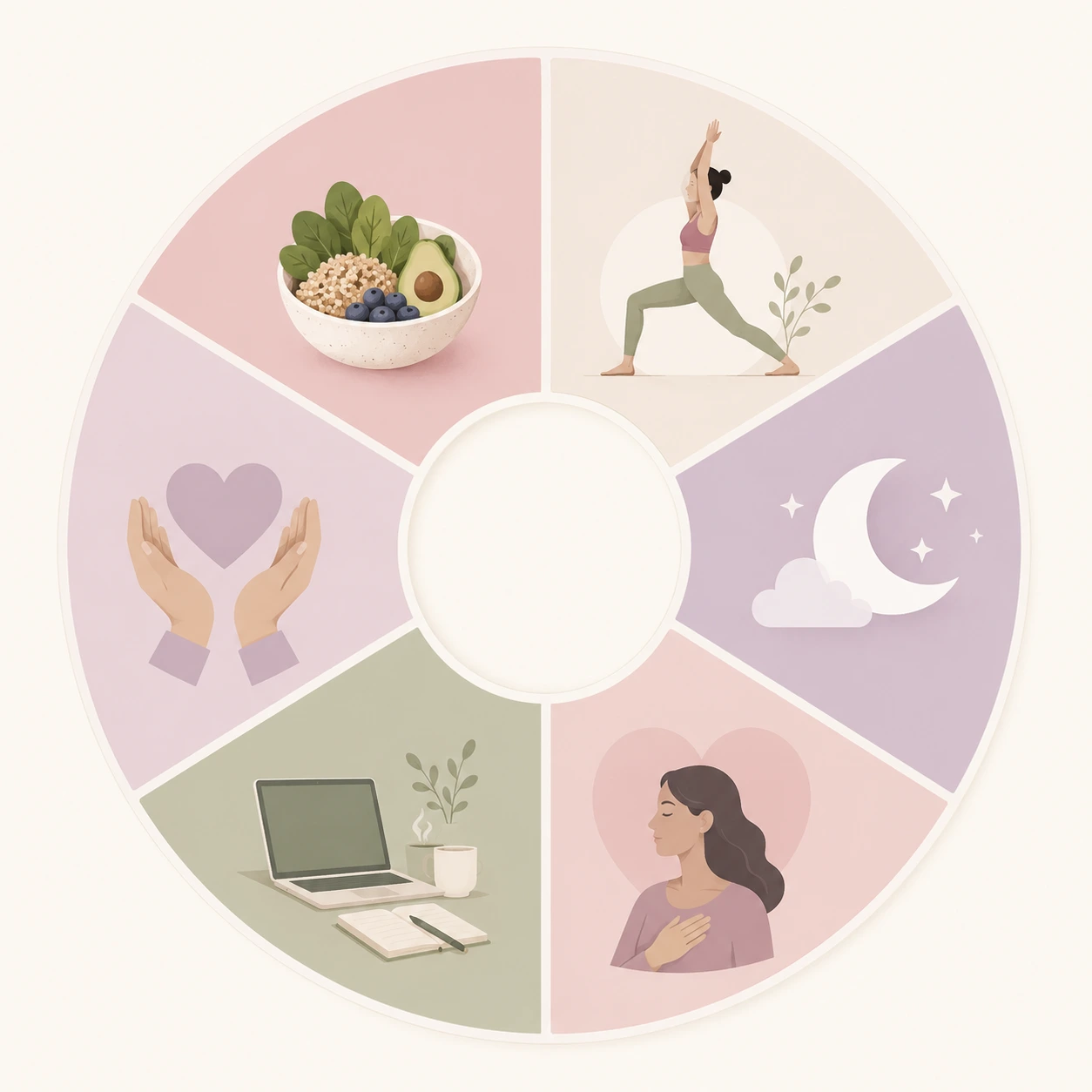 Rueda de seis segmentos para alimentación, movimiento, descanso, emociones, rutina y apoyo