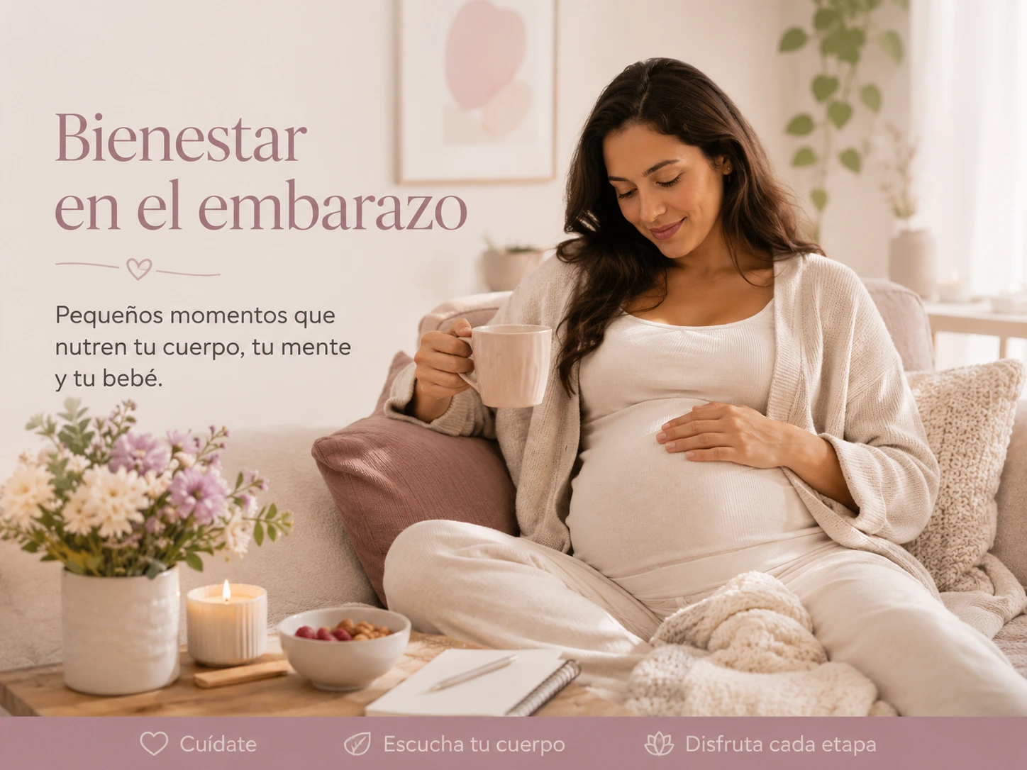 Espacio tranquilo con elementos de bienestar durante el embarazo