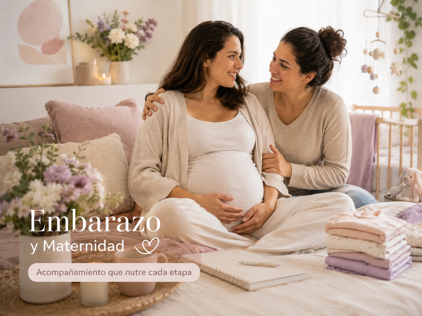 Pareja y red de apoyo acompañando a una madre durante la maternidad