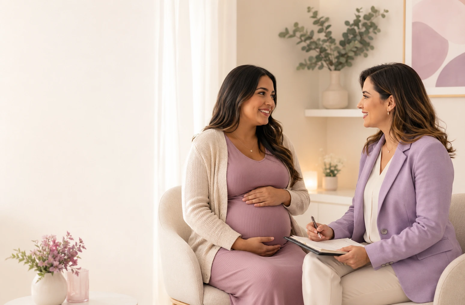 Mujer adulta embarazada conversando con una profesional de salud durante una consulta
