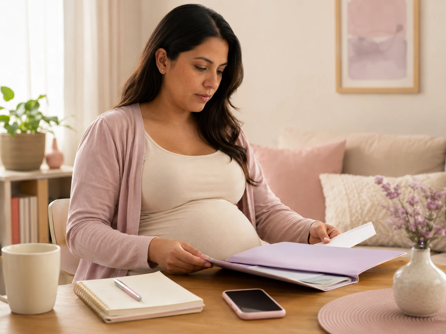 Mujer adulta organizando preguntas y documentos antes de una consulta prenatal