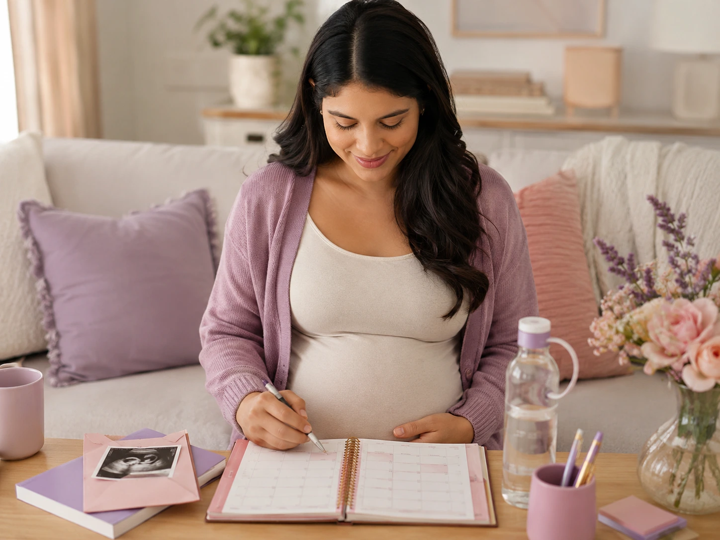 Cuaderno con preguntas y calendario para organizar controles prenatales