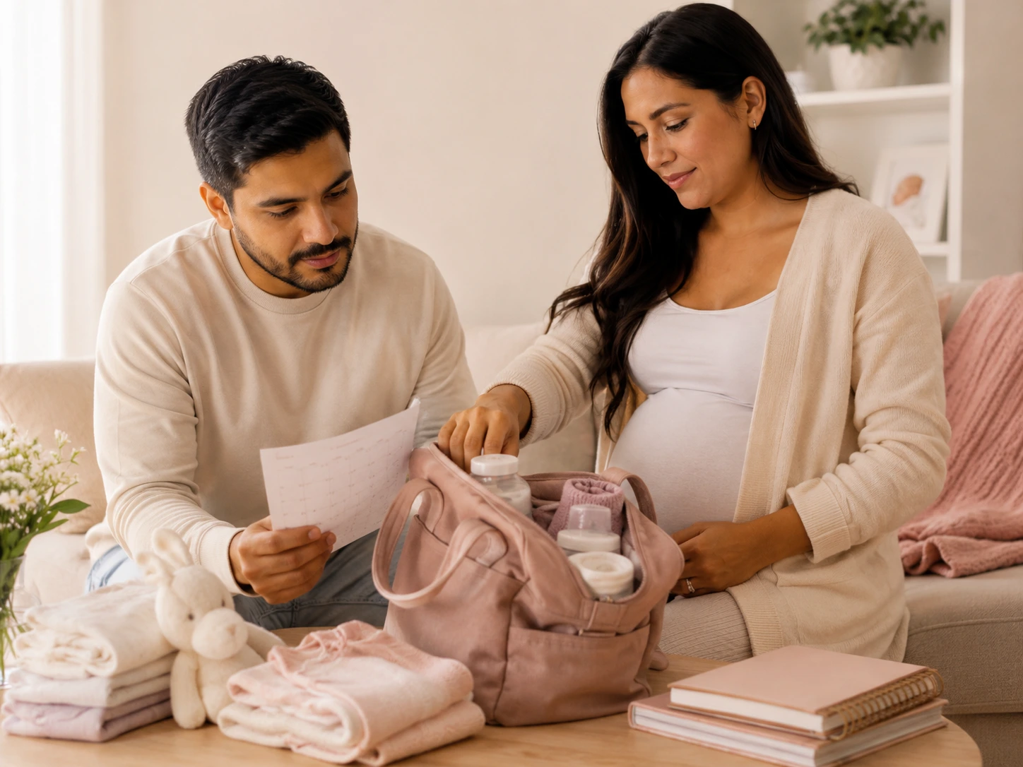 Pareja organizando documentos y artículos para la llegada del bebé durante el tercer trimestre