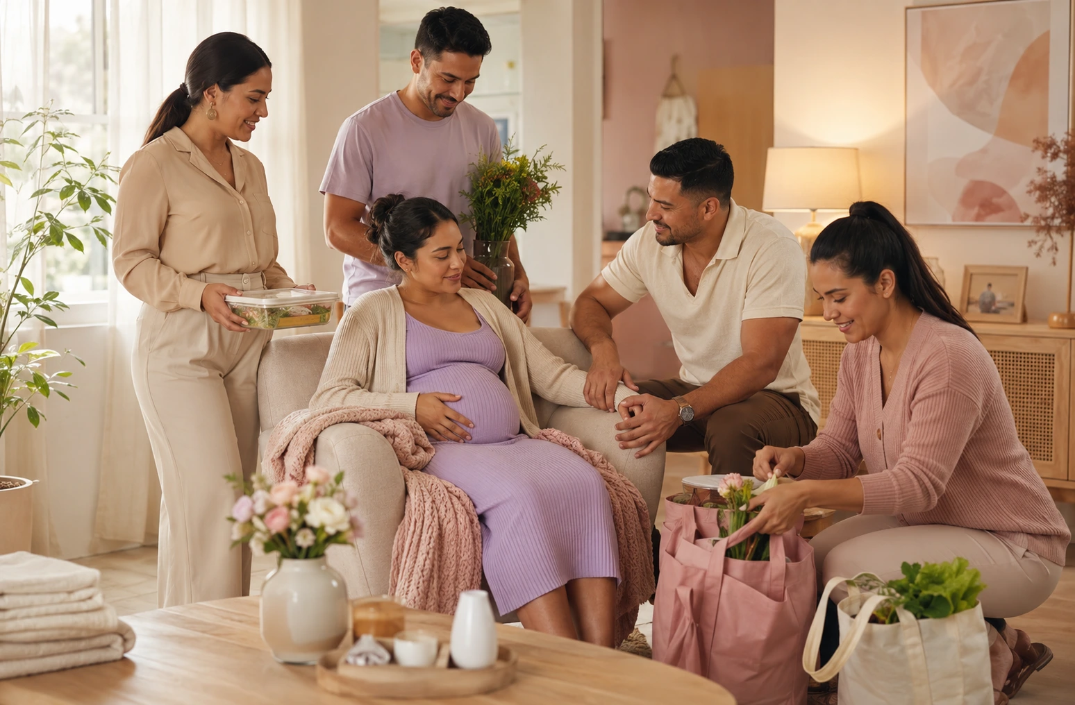 Familia y amistades adultas coordinando apoyo para el embarazo y el posparto
