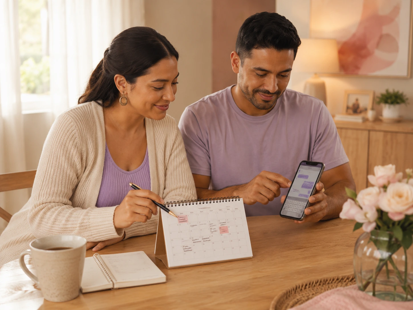 Pareja revisando un calendario de visitas y preparando un mensaje desde casa