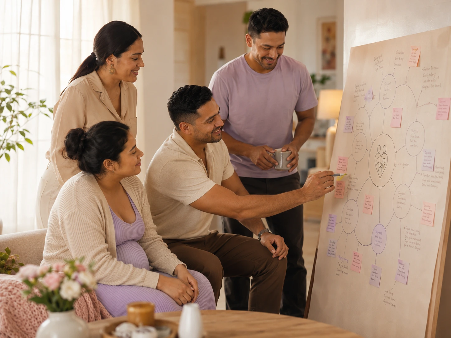Familia organizando una red de apoyo con notas y responsabilidades