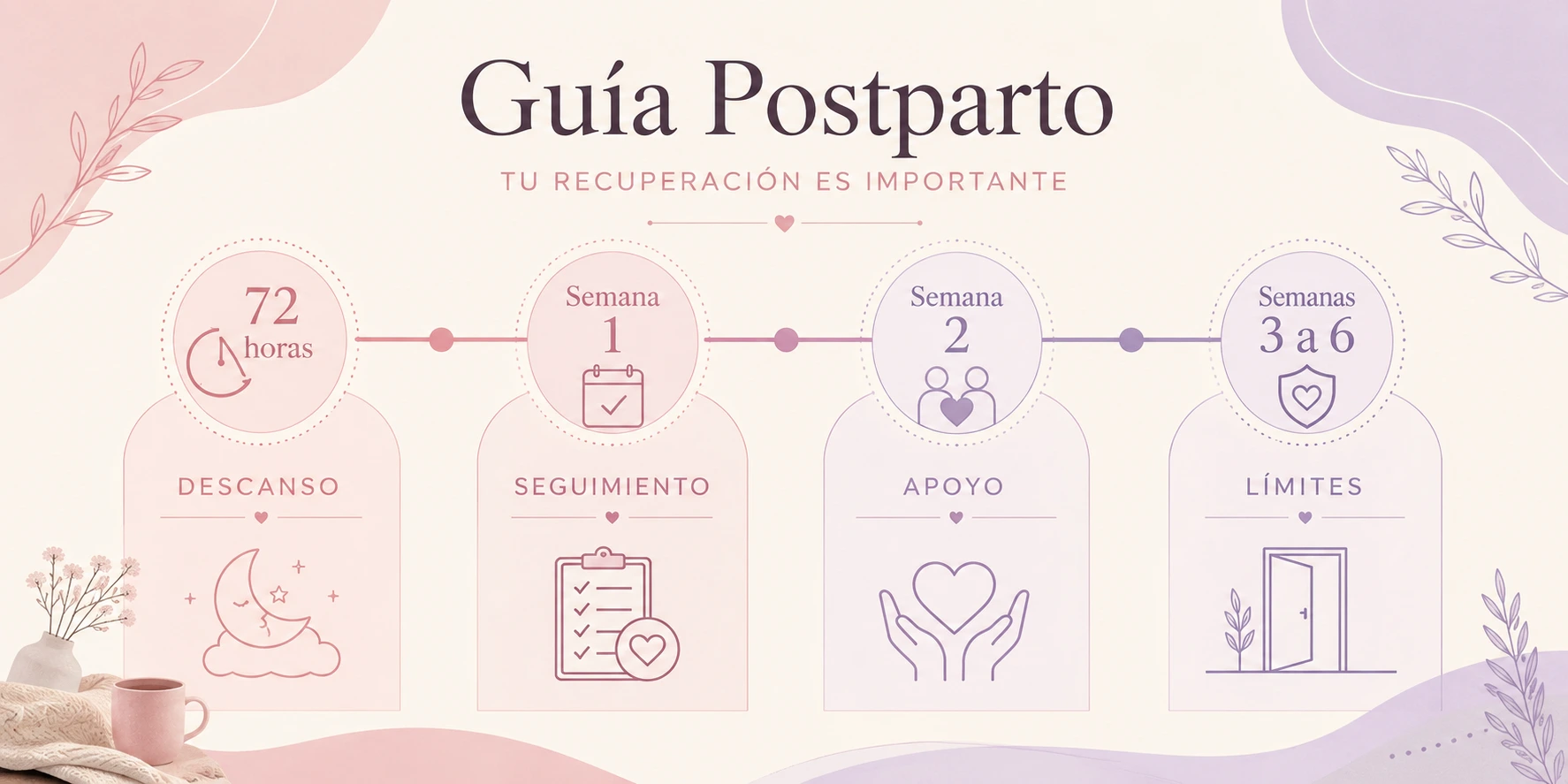 Línea de tiempo visual de los primeros 40 días con etapas de descanso, seguimiento, apoyo y límites