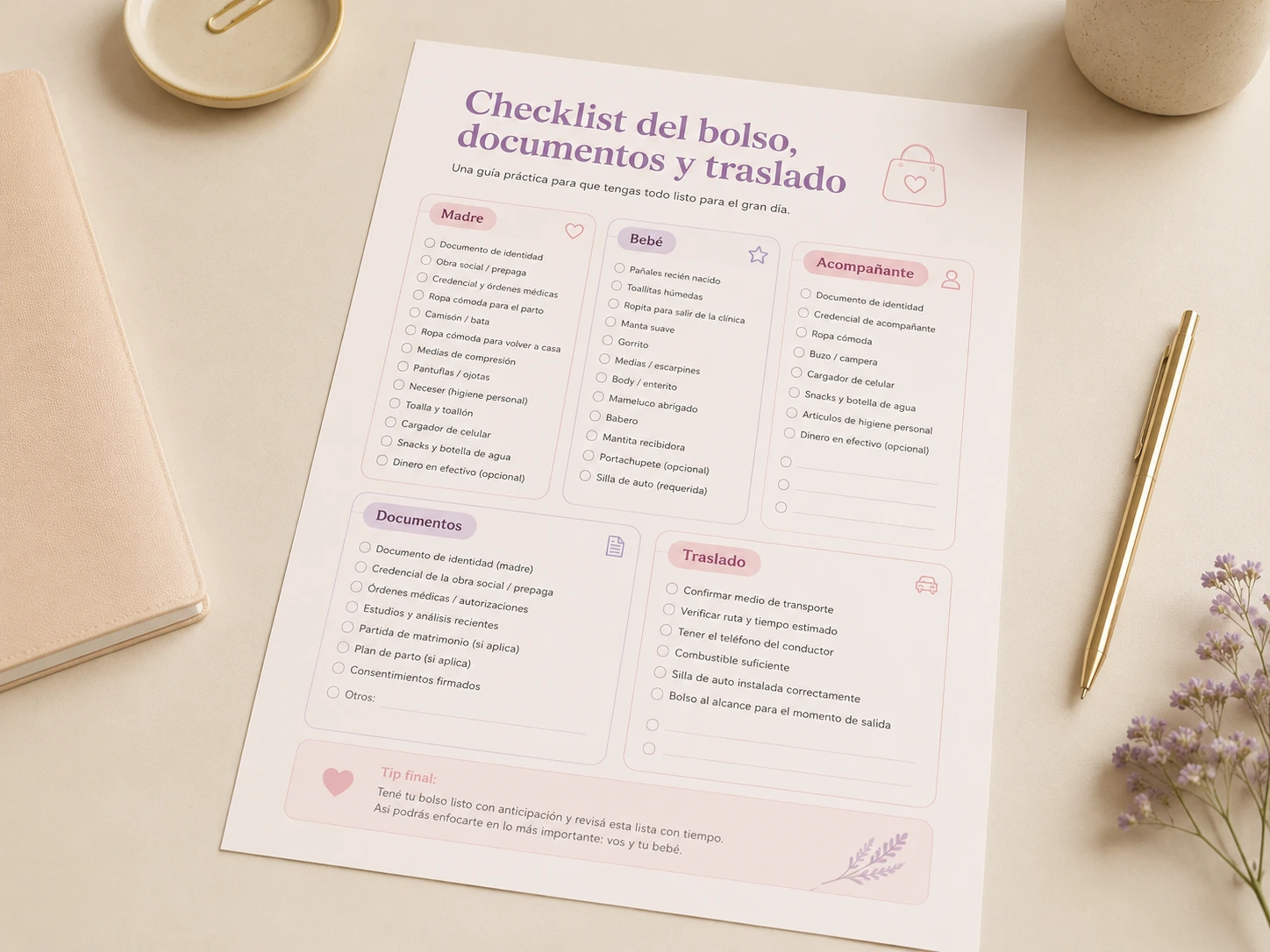 Mockup del Checklist del bolso, documentos y traslado