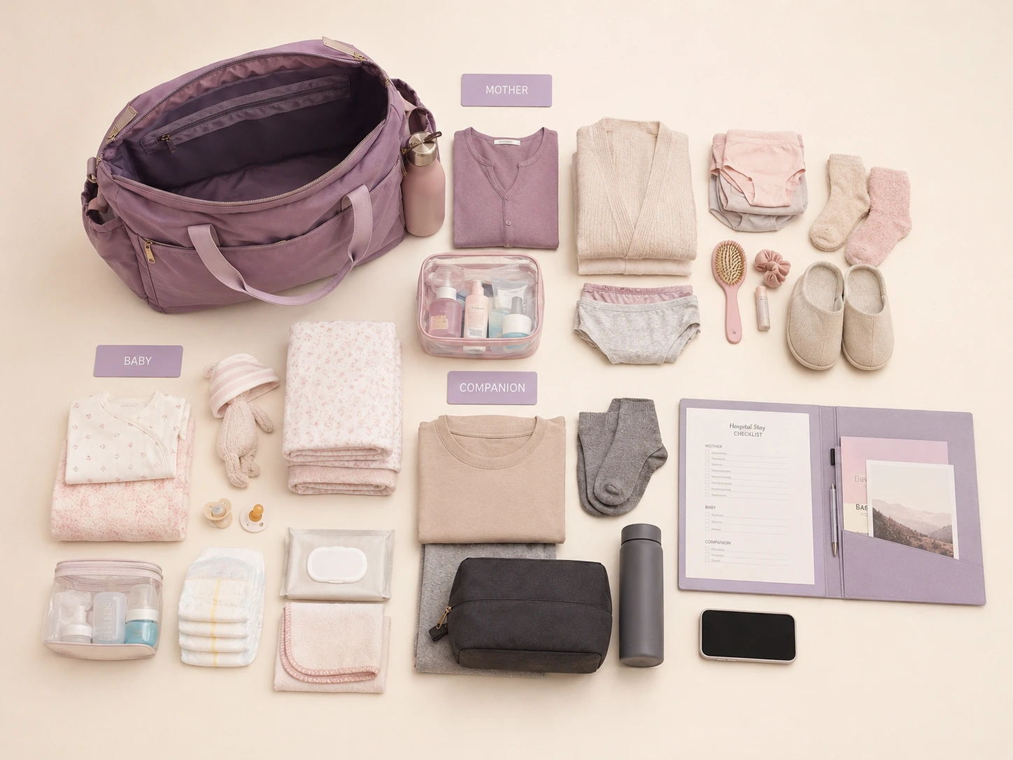 Bolso de hospital, ropa de bebé y carpeta de documentos organizados por categorías