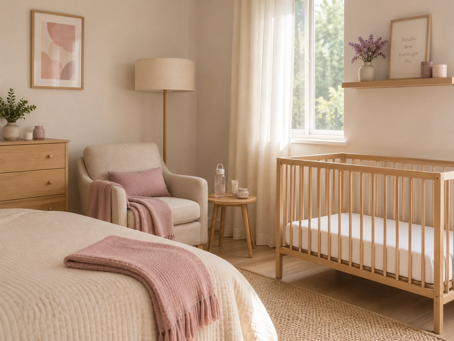 Dormitorio ordenado con cuna vacía, sillón de descanso y artículos esenciales preparados para el regreso a casa