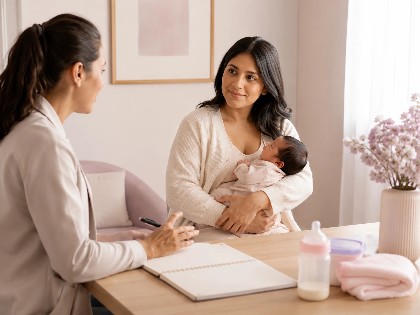 Escena neutral de alimentación del bebé junto a una libreta para registrar preguntas