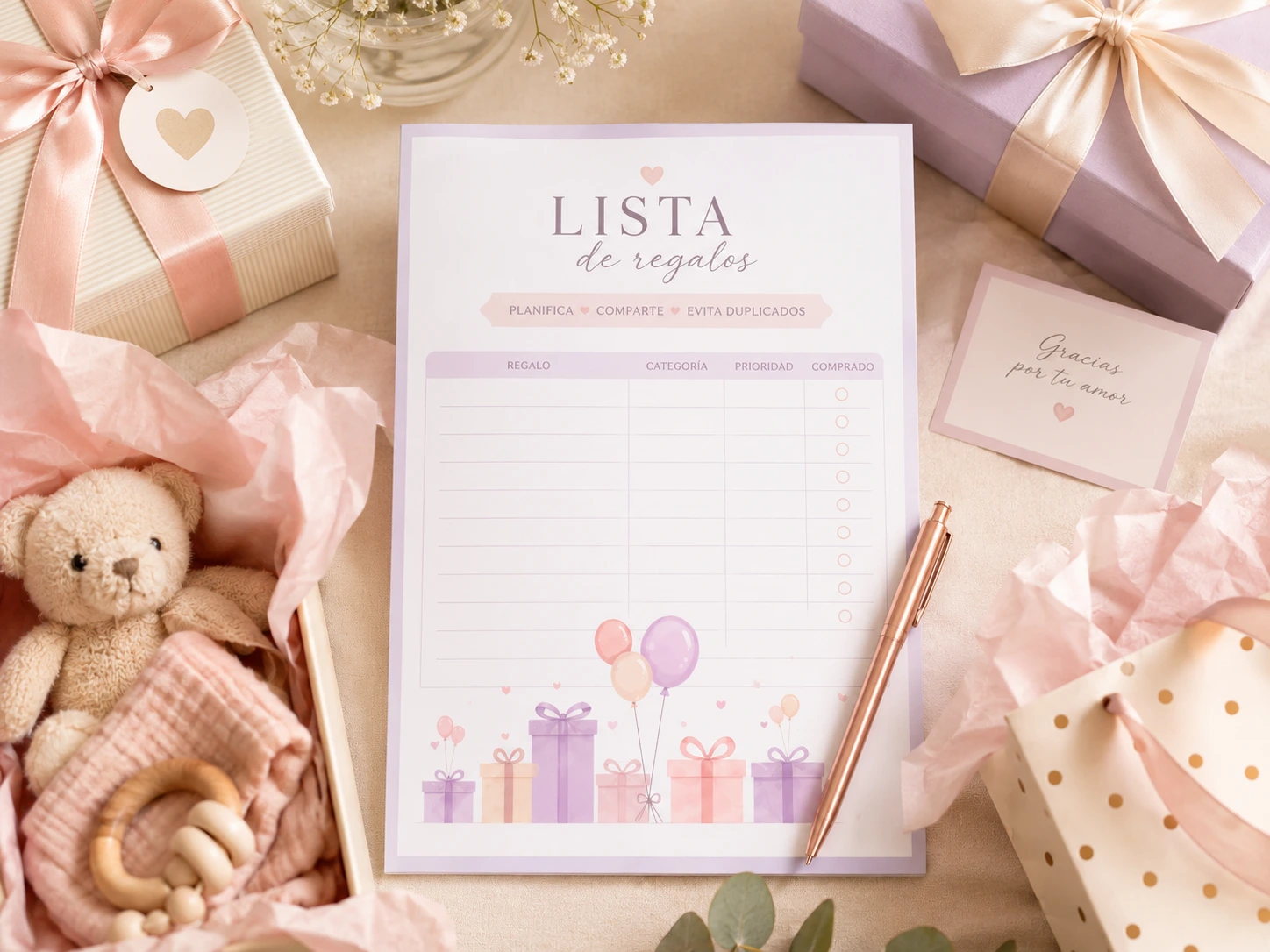 Lista gratuita para organizar necesidades y regalos del bebé