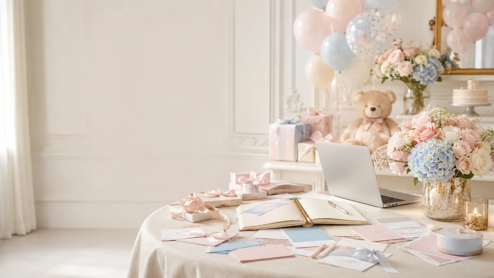 Mesa delicada de planificación de baby shower con flores, agenda y detalles en tonos crema, rosa y lavanda