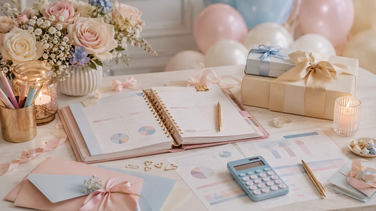 Planificación de presupuesto para baby shower con agenda, notas y detalles en tonos pastel