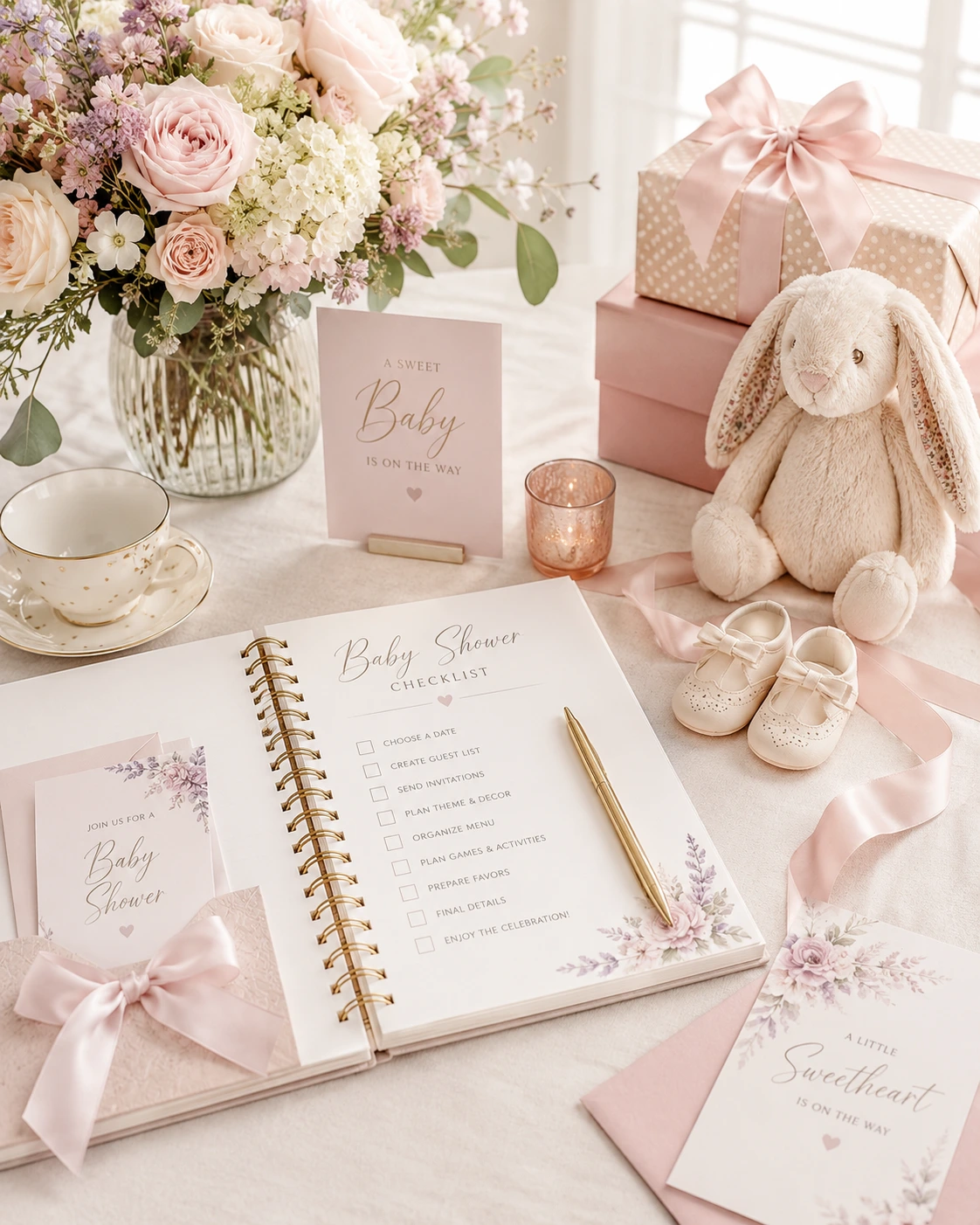 Mesa elegante de planificación de baby shower con agenda, flores, regalos y decoración en tonos pastel