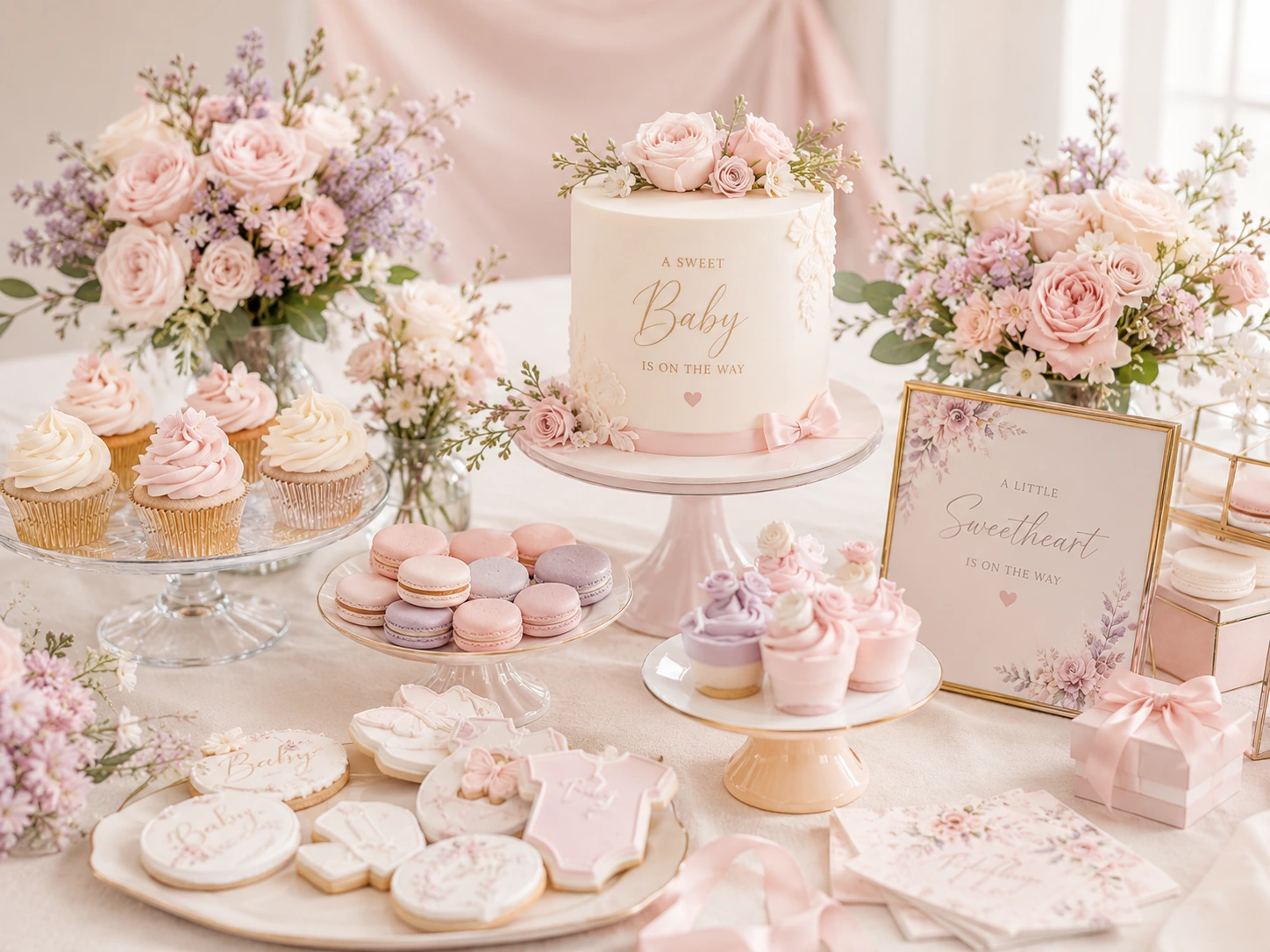 Mesa de postres elegante para baby shower