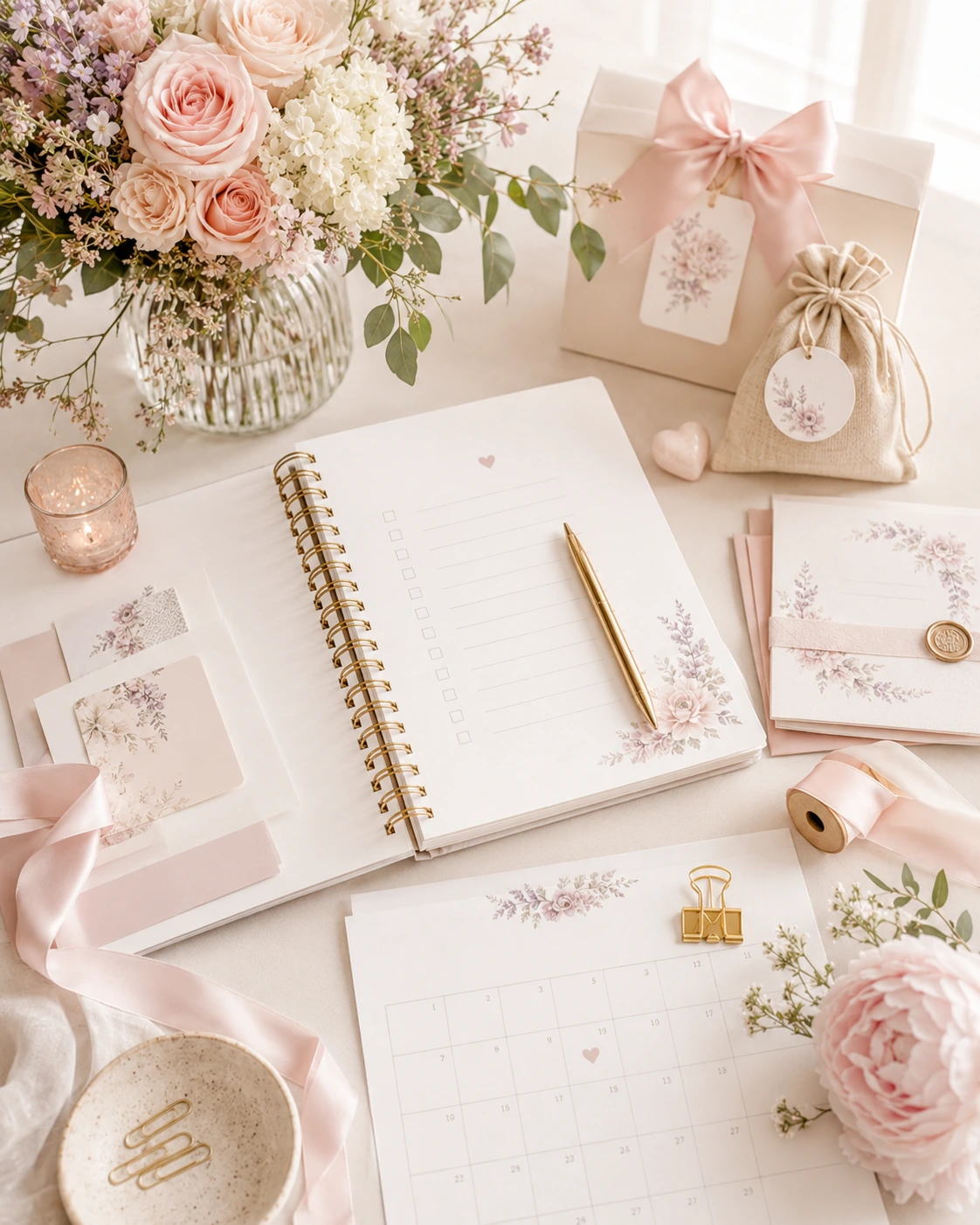 Papelería y elementos para organizar un baby shower en tonos rosa, crema y lavanda