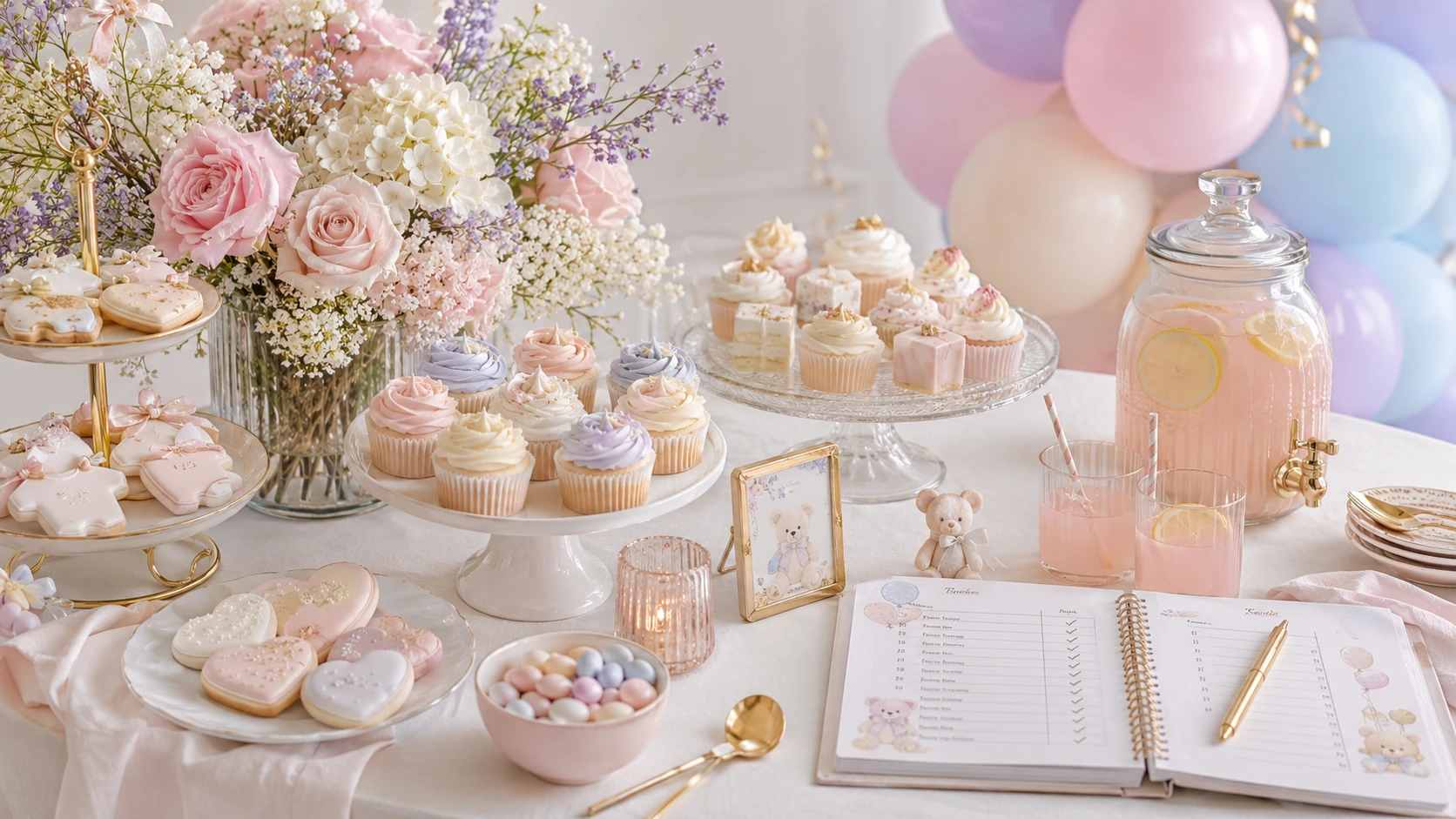 Mesa de comida y bebidas para invitados de baby shower