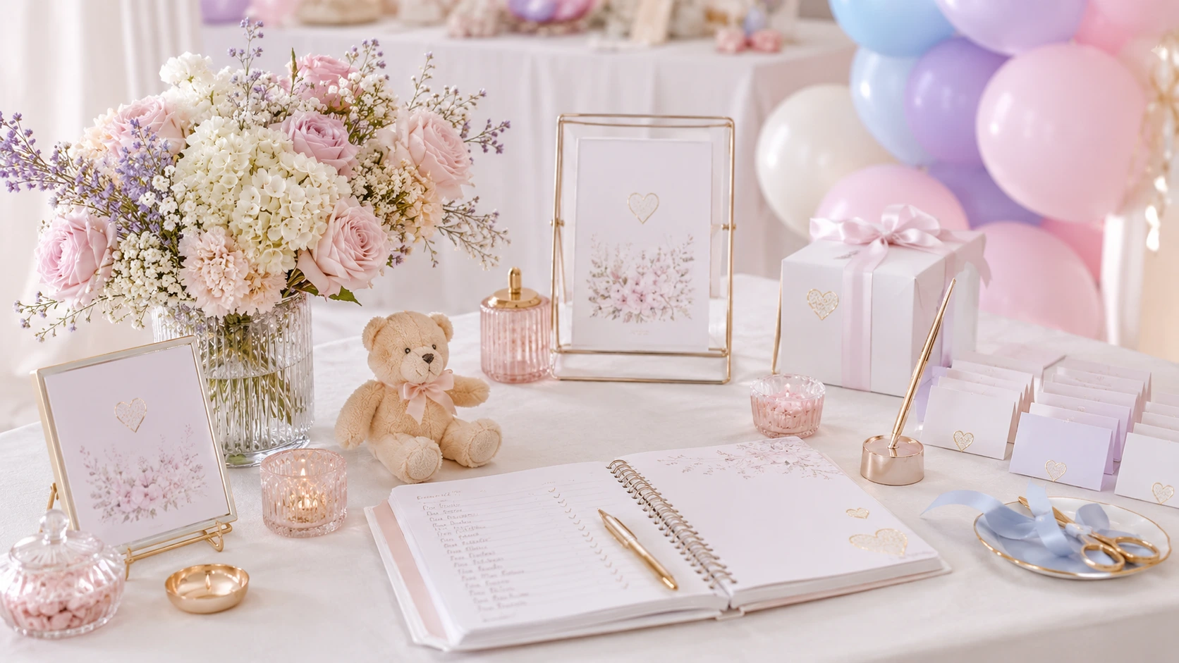Mesa preparada para invitados de baby shower con decoración suave