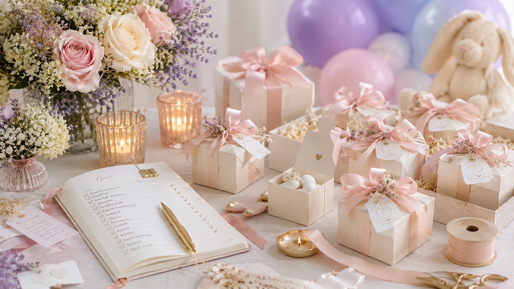 Recuerdos y regalos para invitados de baby shower con etiquetas