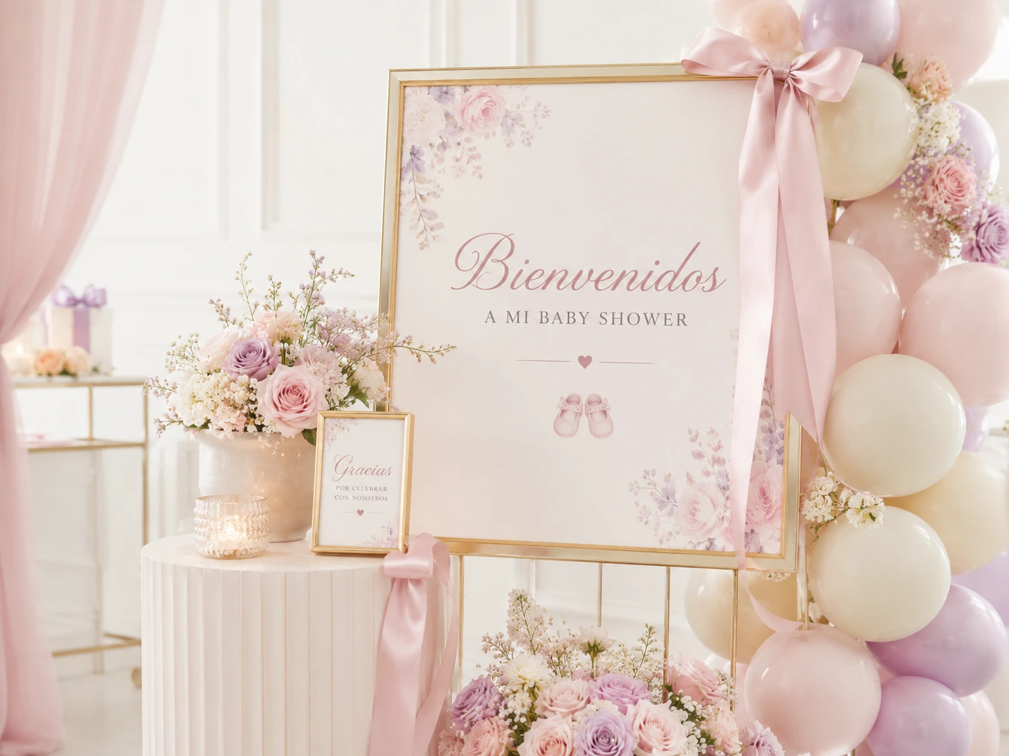 Rincón de bienvenida de baby shower con cartel, flores y globos