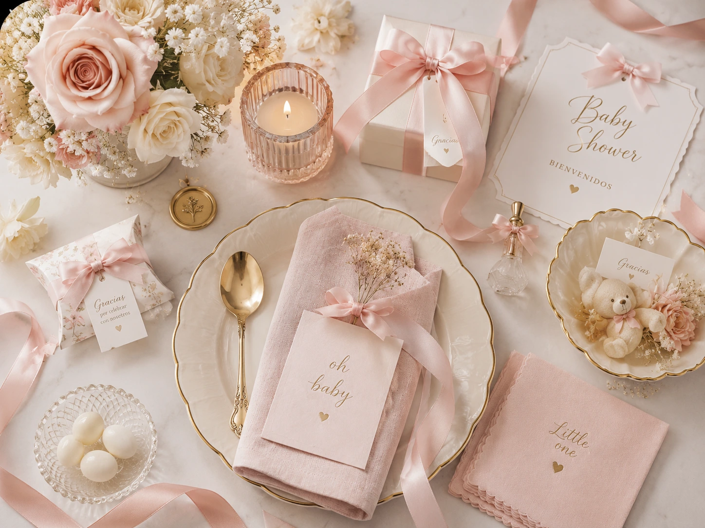 Detalles decorativos para baby shower con recuerdos, flores y moños