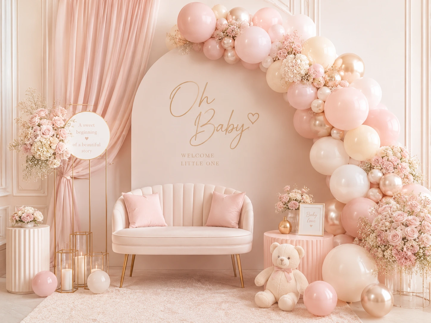 Rincón de fotos decorado para baby shower con globos y flores