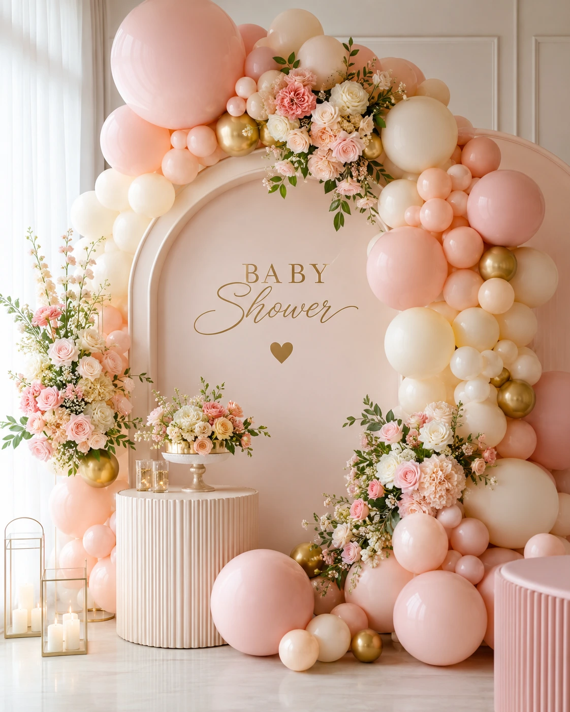 Arco orgánico de globos pastel y flores para baby shower